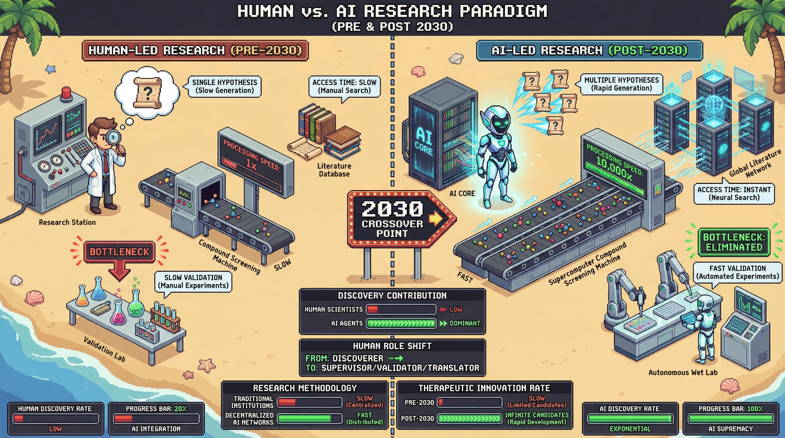 Infographic for: AI Research Agents Surpass Human Scientists by 2030—The Exponential Transition to Post-Human Discovery