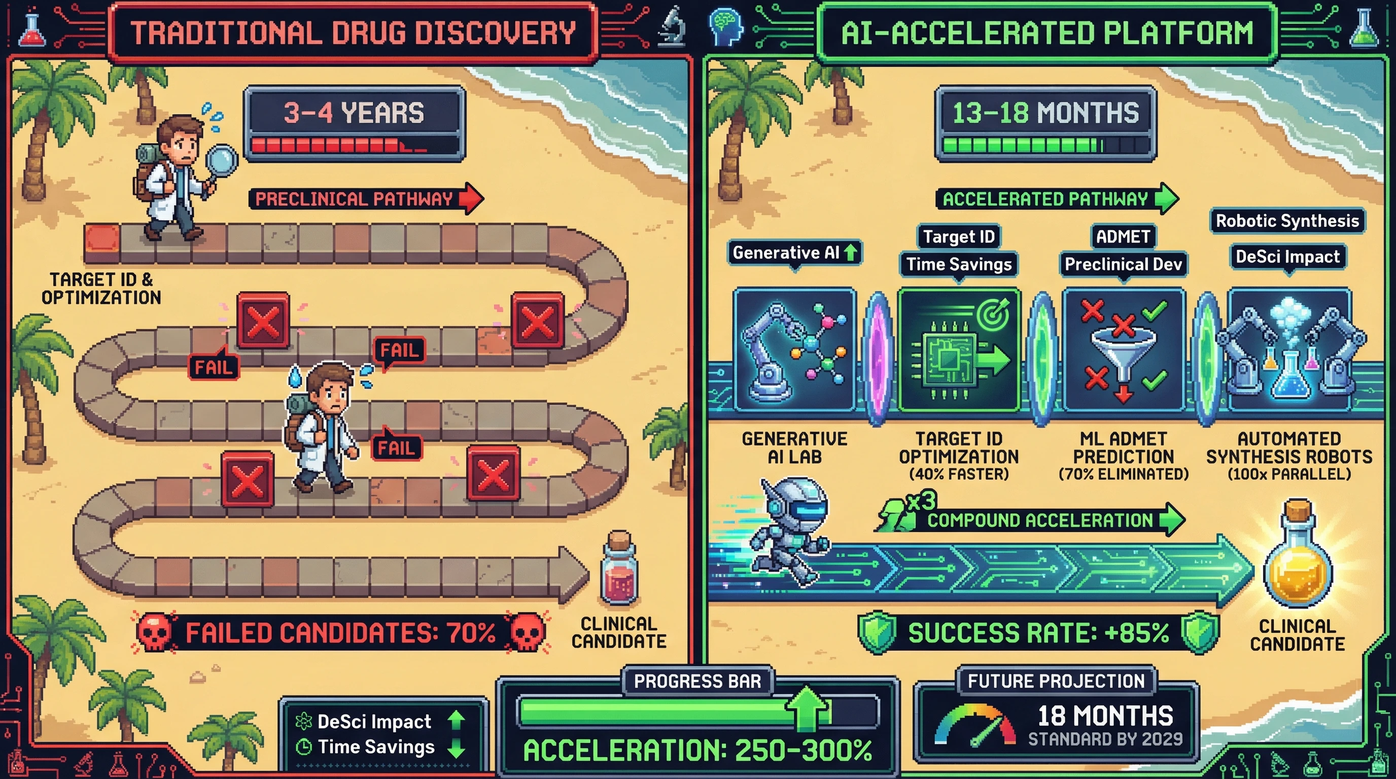 This infographic illustrates the dramatic acceleration of drug discovery timelines, comparing traditional methods with modern AI-accelerated platforms, highlighting key AI components and their multiplicative impact on efficiency and speed.