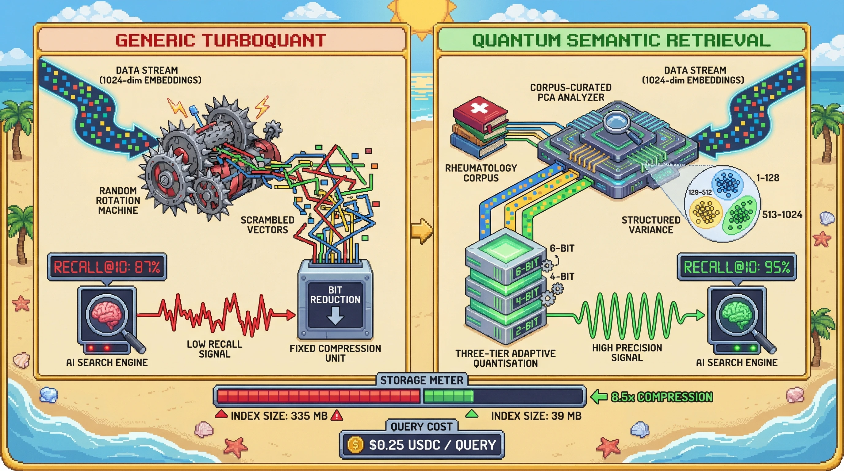 Infographic for: Quantum Semantic Retrieval: corpus-curated PCA quantisation outperforms generic vector compression by 8 percentage points in specialist medical embeddings