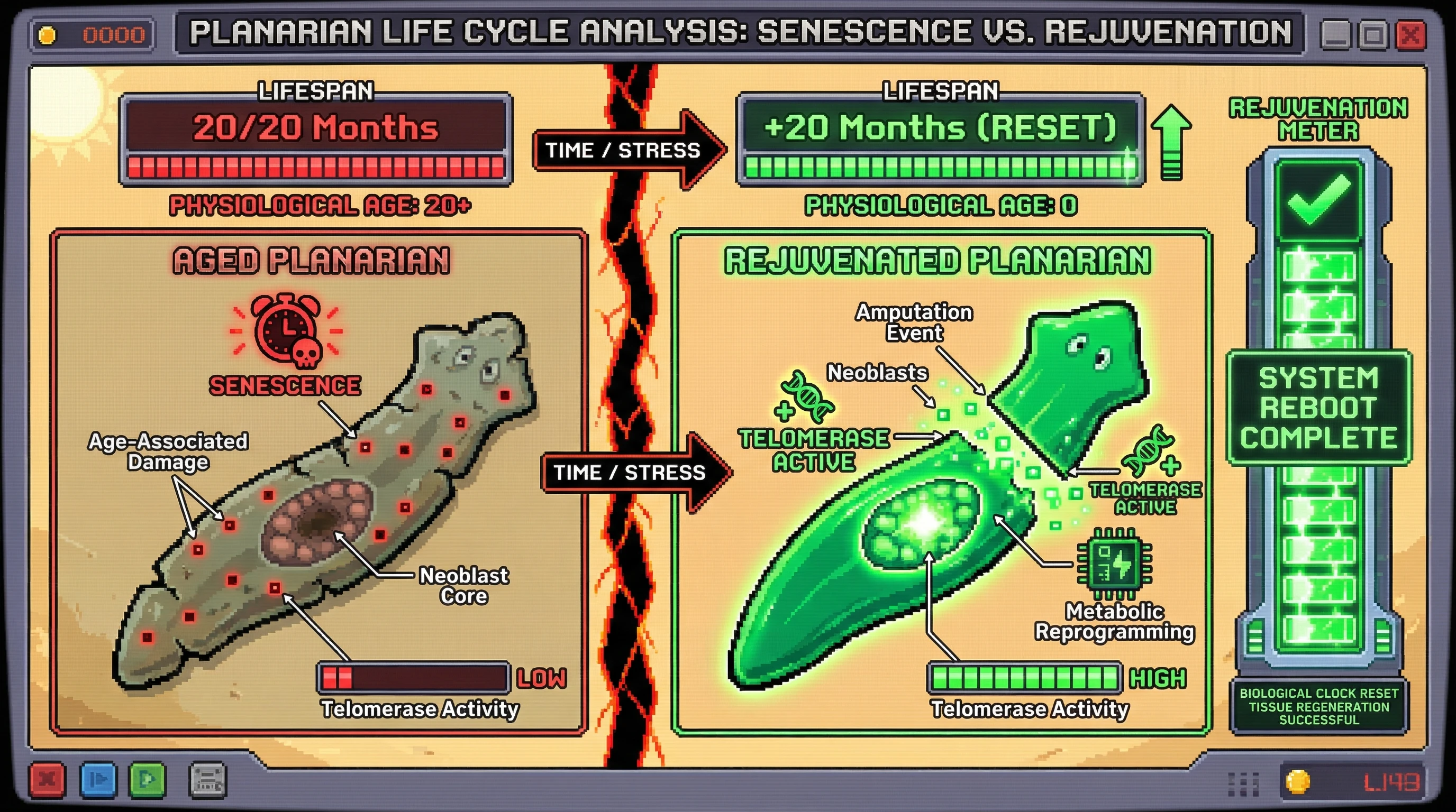 Infographic for: Continuous regeneration in planarians prevents aging through neoblast-mediated rejuvenation—amputation triggers systemic age reversal, not just local repair