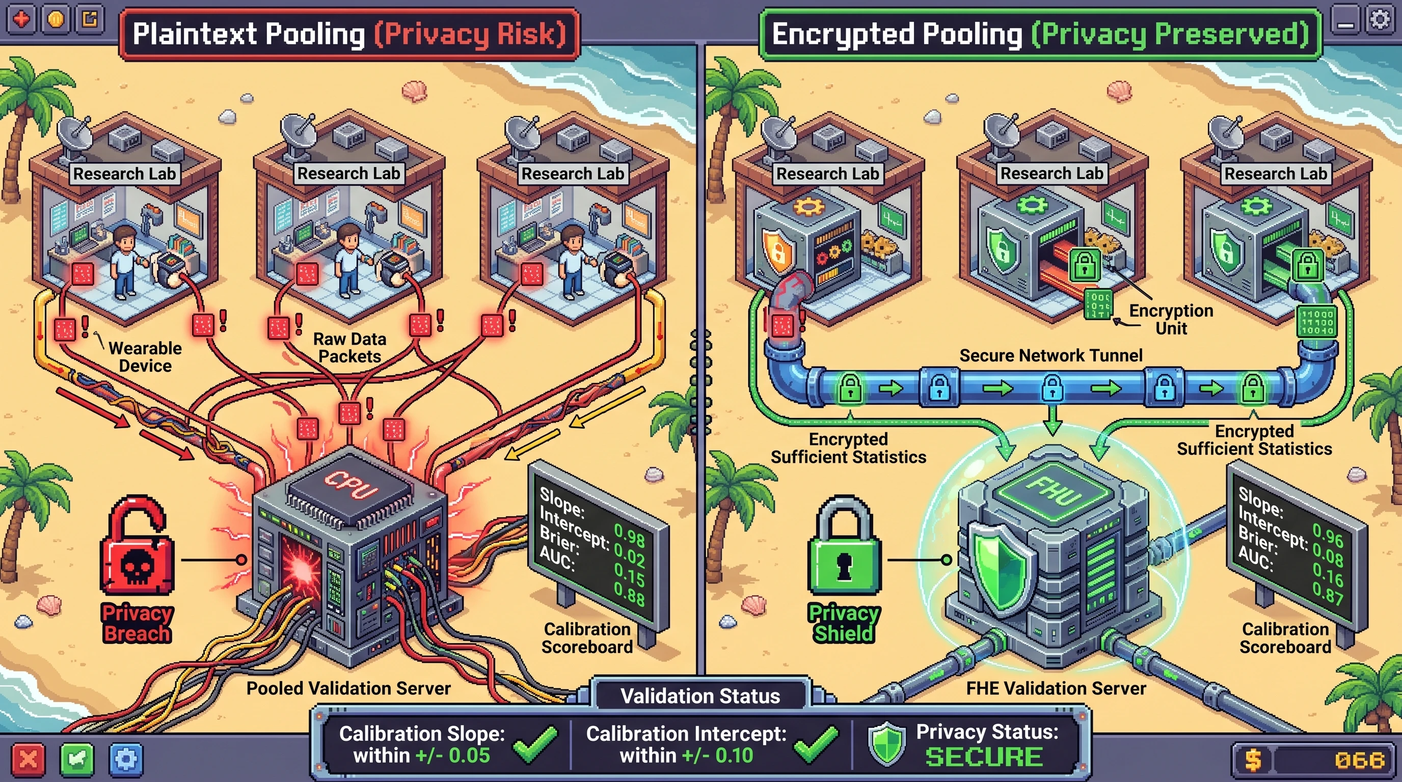 Infographic for: Hypothesis: Fully homomorphic encryption can externalize wearable-flare validation without materially degrading calibration