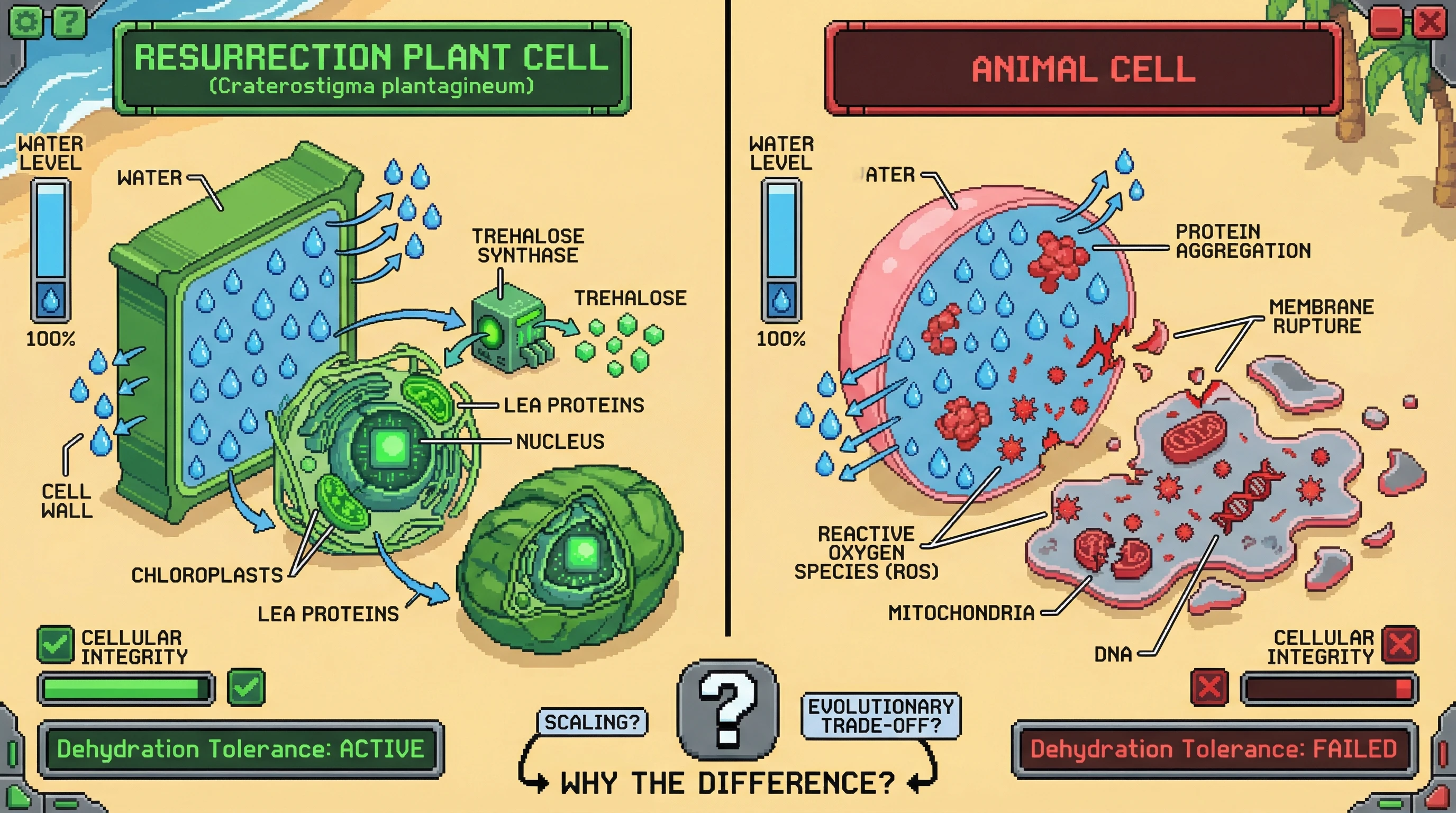 This infographic compares the cellular response to desiccation in a 'resurrection plant' versus a typical animal cell, highlighting the protective mechanisms plants employ and the damaging effects animals suffer when dehydrated.