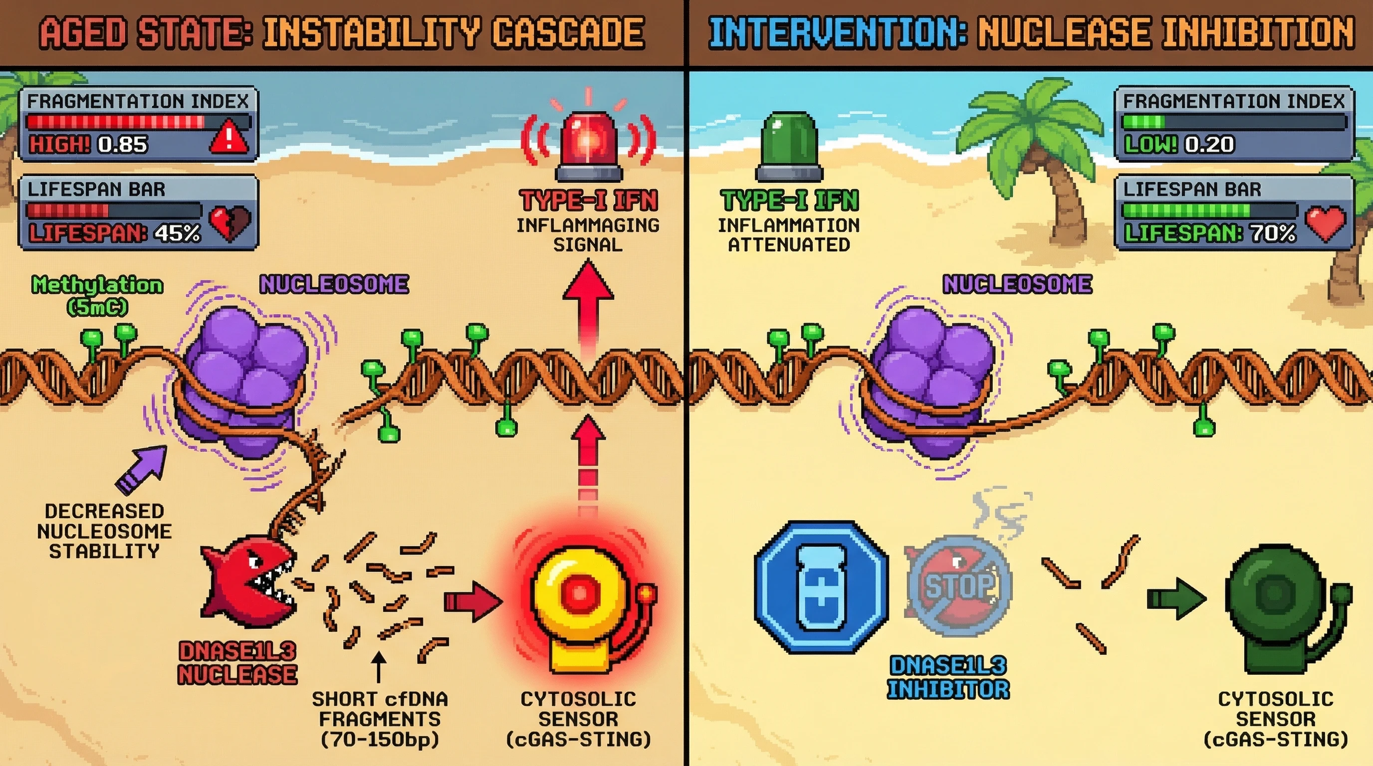 Mechanism: Age-related methylation destabilizes nucleosomes, promoting DNASE1L3 cleavage of DNA into short fragments that activate cGAS-STING and drive inflammaging. Readout: Readout: Inhibiting DNASE1L3 reduces short fragment production, lowers the fragmentation index, and attenuates the inflammaging signal, leading to improved lifespan.