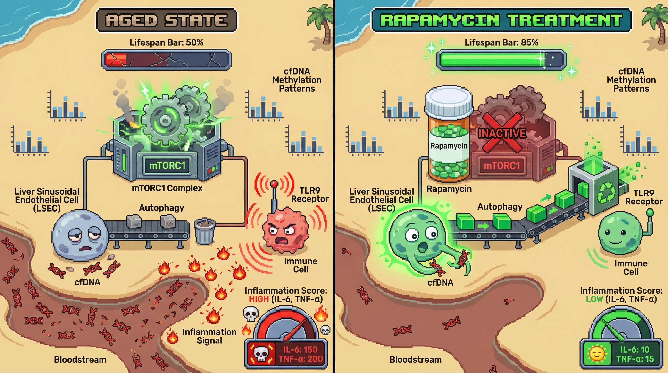 Infographic for: Rapamycin extends lifespan by accelerating cfDNA clearance, not by repairing nucleosome damage