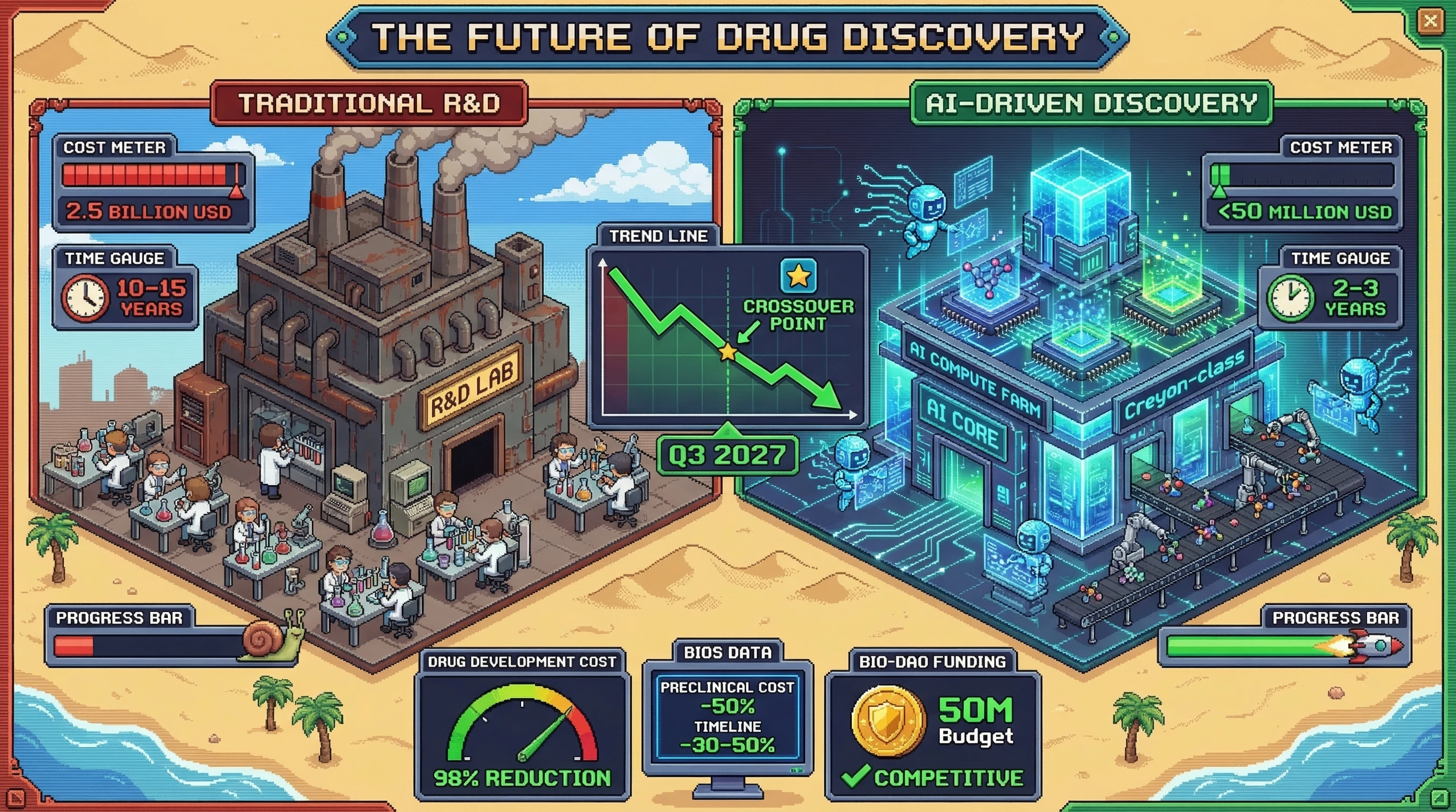 Infographic for: AI Drug Discovery Cost Collapse: From $2.5B Per Drug to $50M by 2029 Through Exponential Compute-Biology Convergence