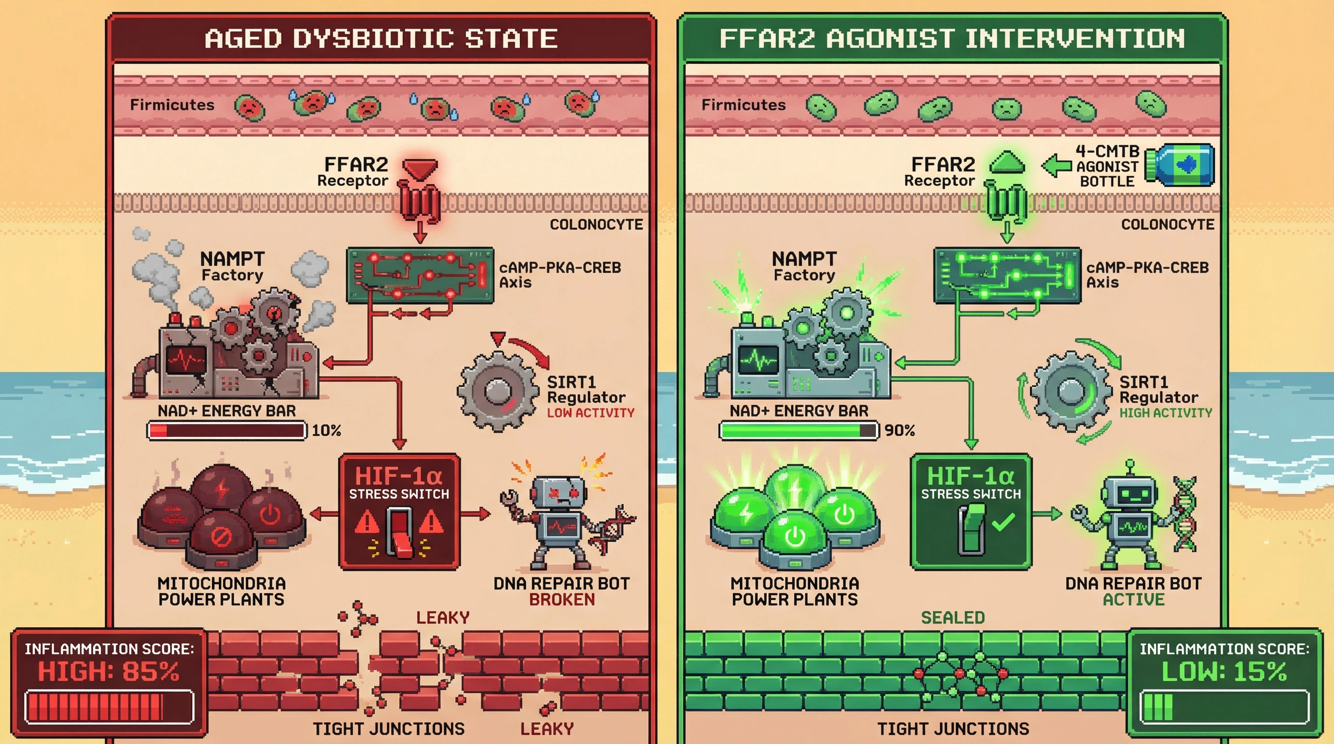 Infographic for: Butyrate‑sensing FFAR2 signaling gates colonic NAD+ biosynthesis, linking microbiome collapse to cellular energy downsizing