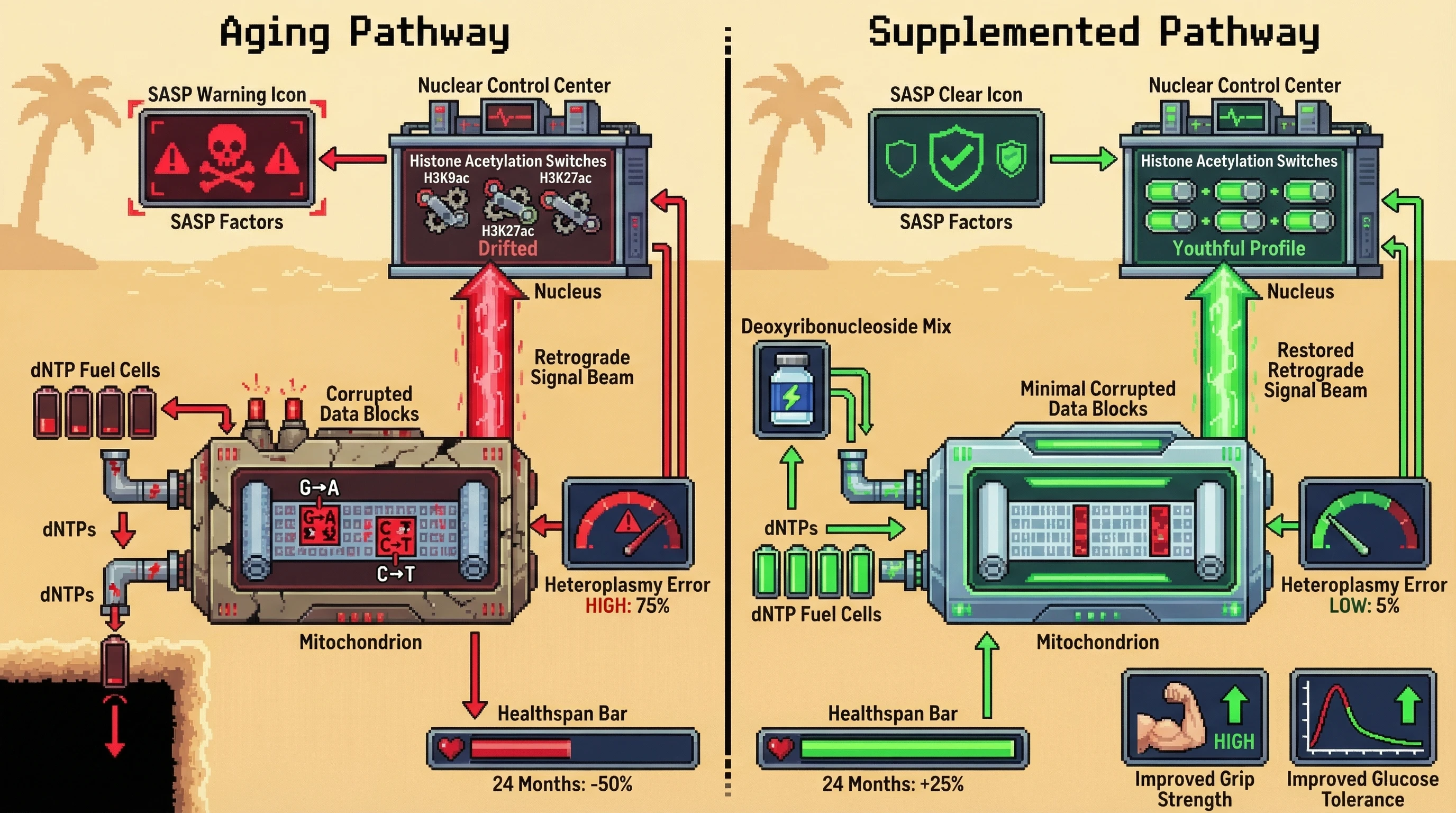 Mechanism: Age-related depletion of mitochondrial dNTPs drives error-prone mtDNA replication, increasing heteroplasmy and triggering retrograde signaling that alters nuclear histone acetylation and accelerates aging. Readout: Readout: Supplementation restores dNTP pools, decreasing mtDNA mutations, reducing SASP factors, preserving youthful nuclear epigenetics, and improving healthspan parameters by 25% at 24 months.