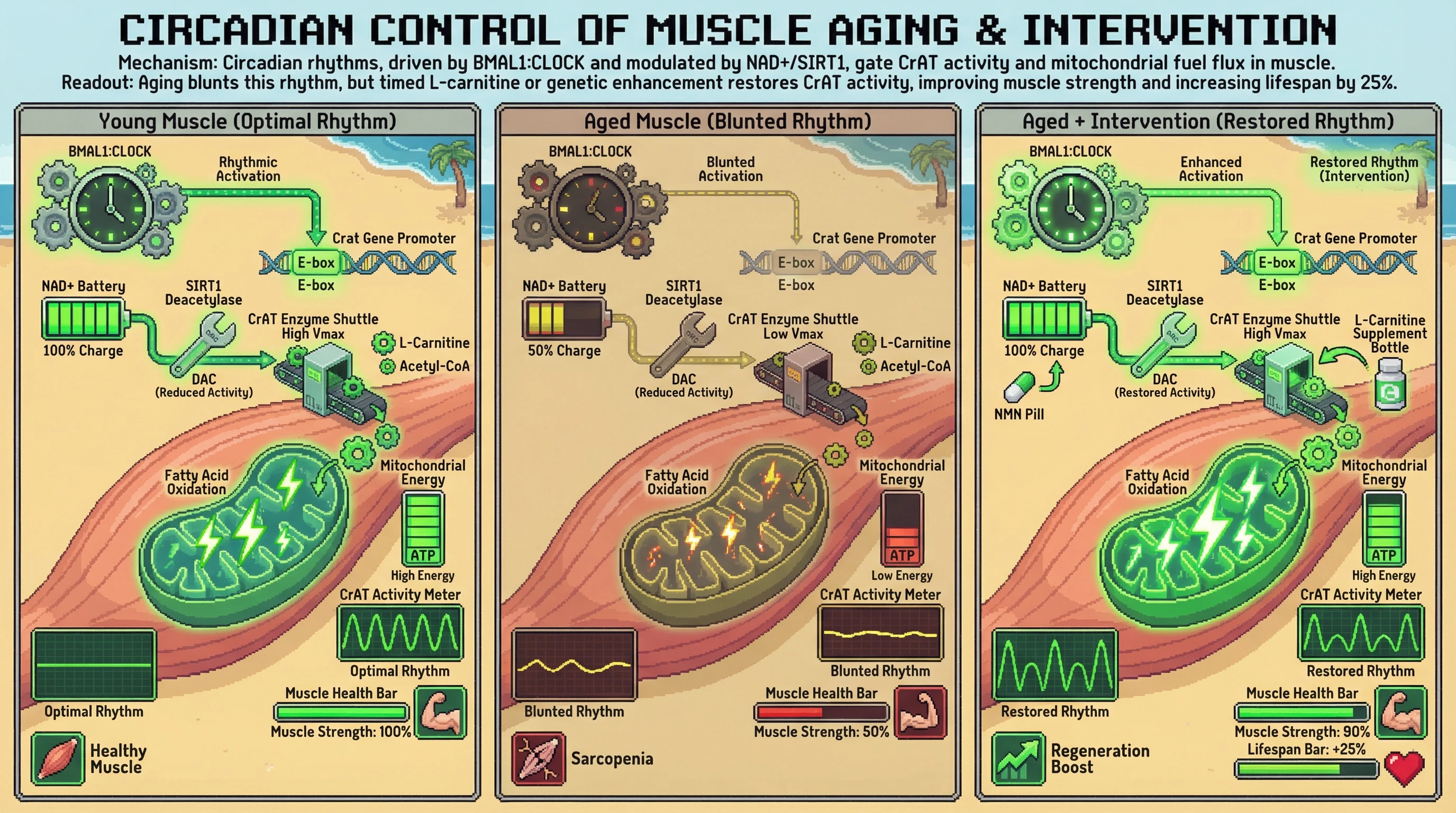 Infographic for: CircadianGating of Carnitine Acetyltransferase Activity Drives Mitochondrial Metabolic Rhythmicity and Muscle Aging