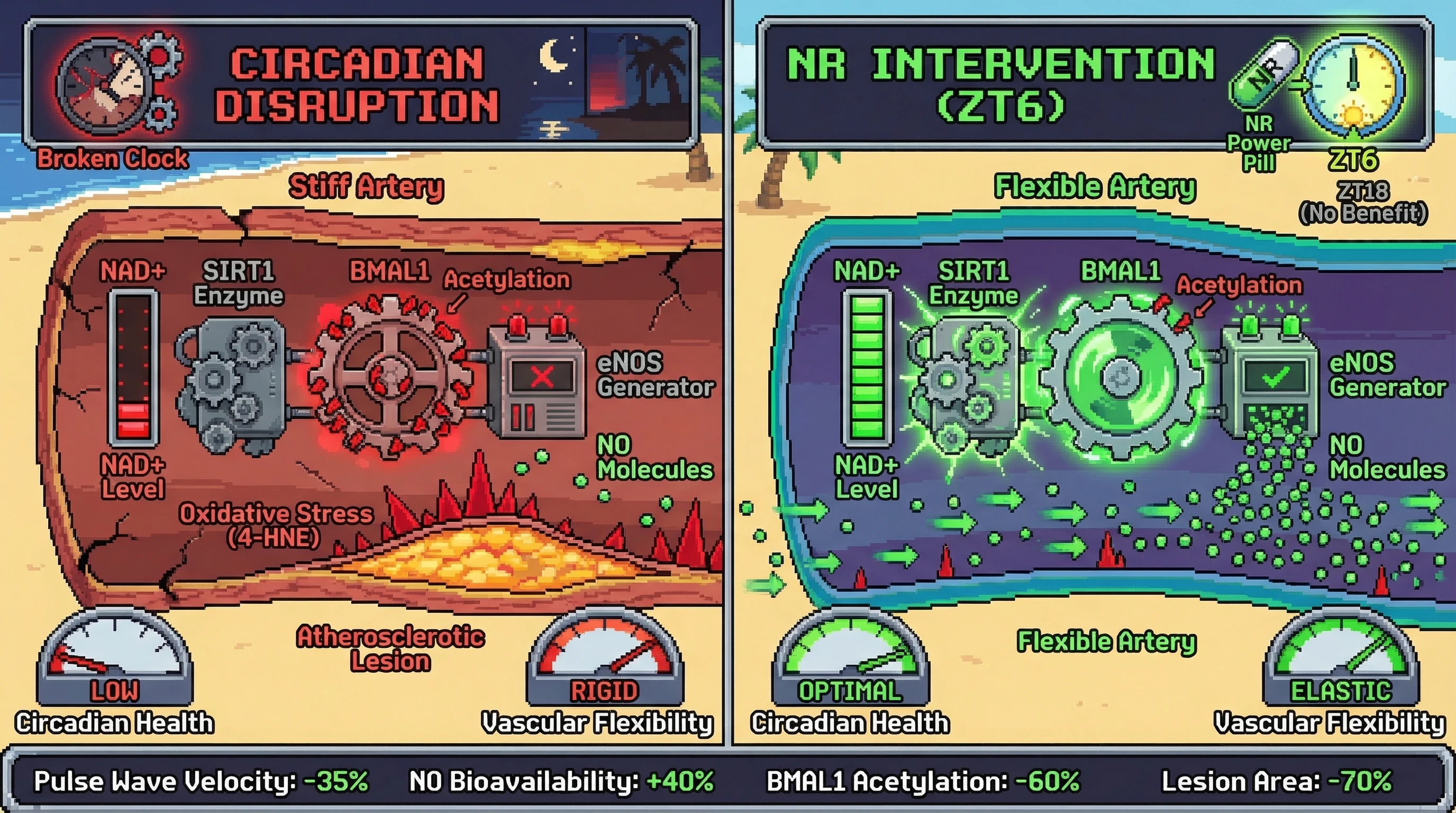 Infographic for: Timed NAD+ supplementation rescues vascular circadian dysfunction and arterial stiffness by enhancing BMAL1 transcriptional activity