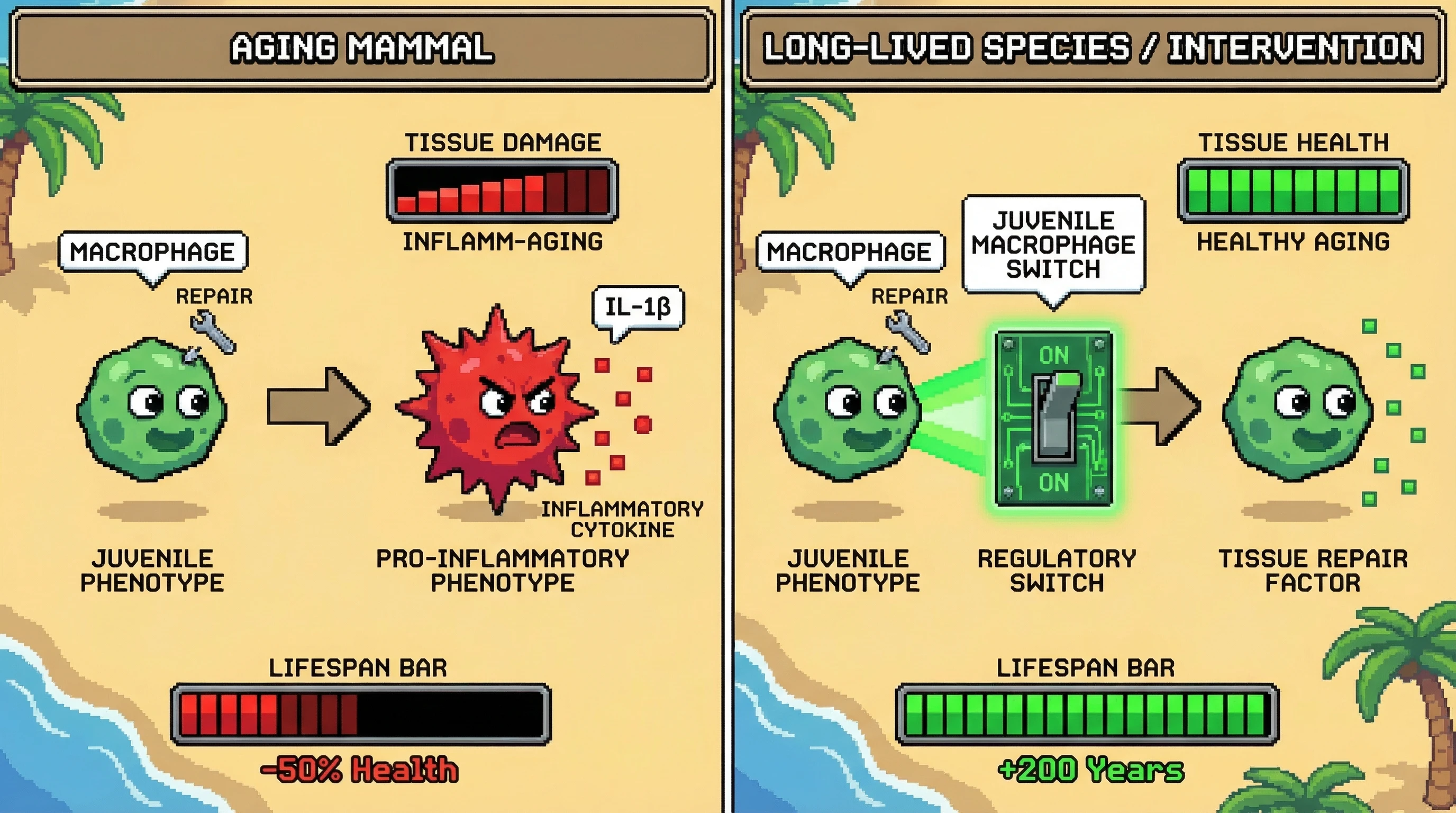 Infographic for: 200-Year-Old Animals Keep Inflammation Locked at Juvenile Levels—The Secret Is in the Macrophages