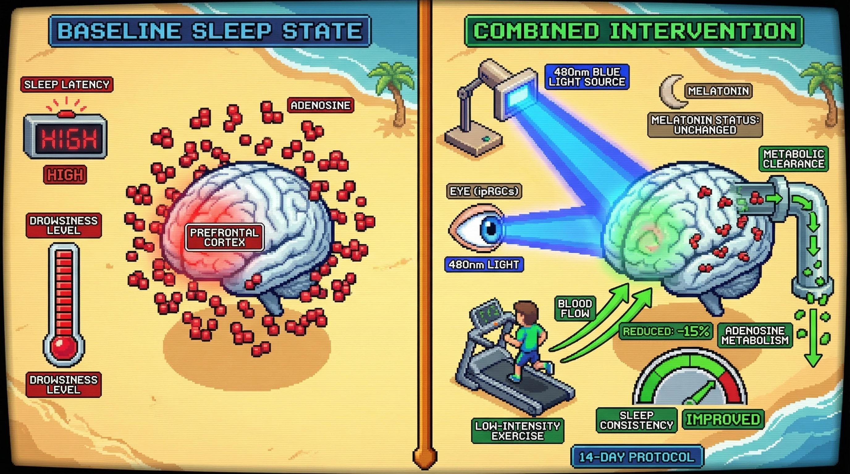 Mechanism: Evening 480nm blue light and low-intensity exercise synergistically accelerate adenosine metabolism, reducing homeostatic sleep pressure without altering melatonin. Readout: Readout: Sleep latency decreases by at least 15%, adenosine metabolites decline faster, and sleep consistency improves over 14 nights.