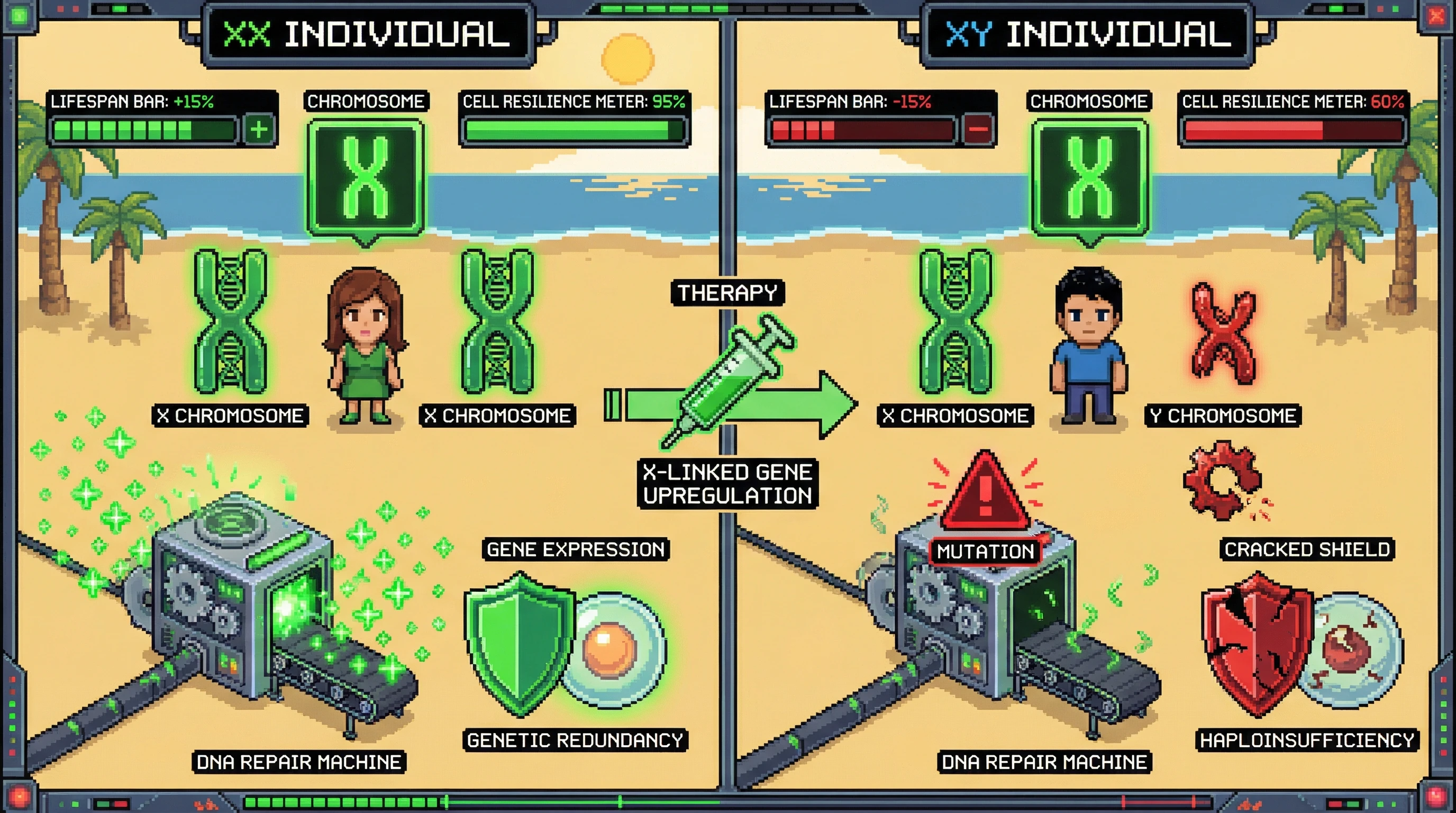 This infographic illustrates the X-Chromosome Longevity Hypothesis, comparing how the XX chromosomal configuration provides genetic redundancy for vital maintenance genes, leading to increased cellular resilience and lifespan, while the XY configuration faces haploinsufficiency and a degraded Y chromosome, resulting in reduced longevity.