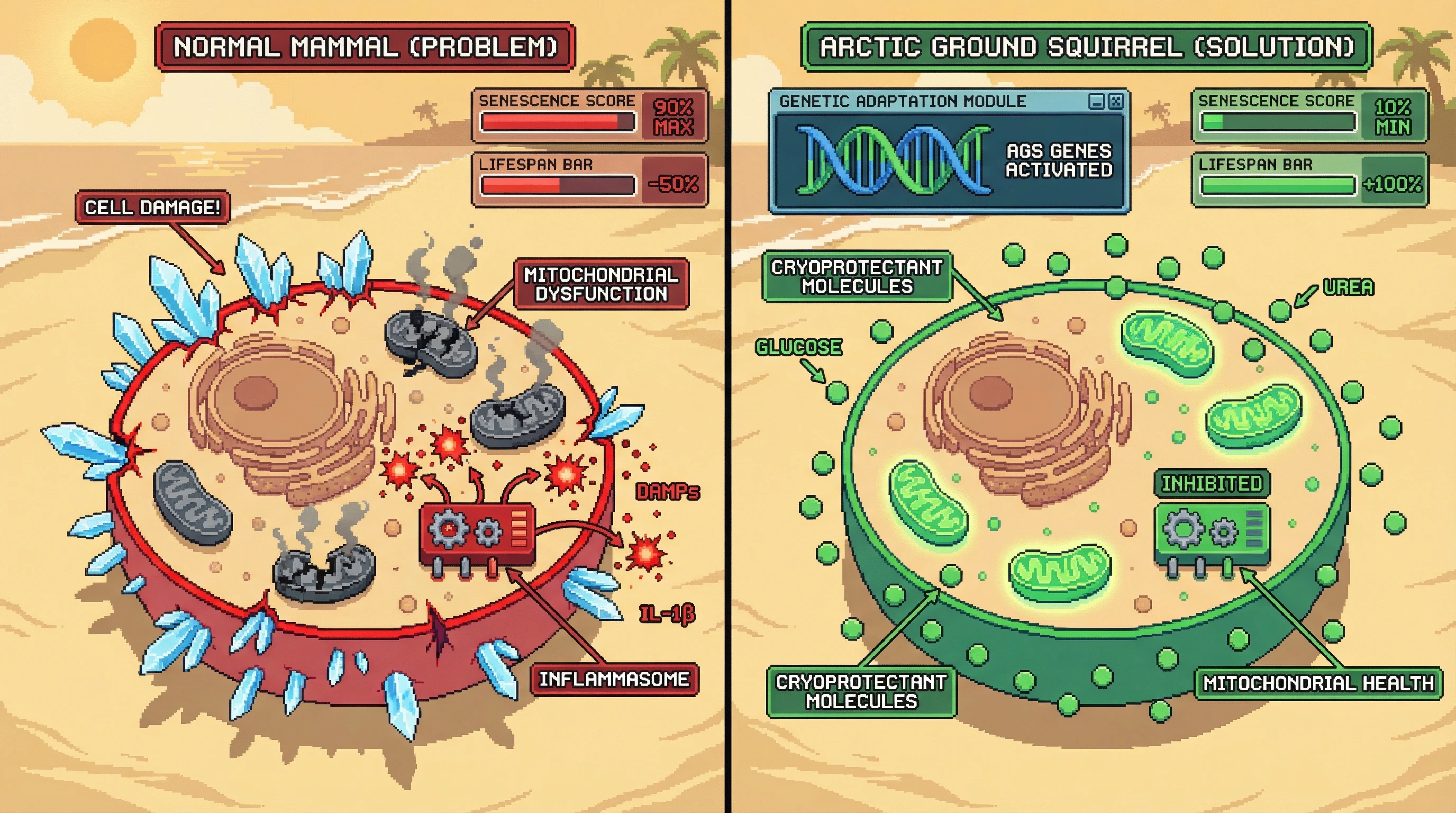 This infographic explains how Arctic Ground Squirrels survive repeated freezing and thawing without aging, contrasting their protective mechanisms with the cellular damage seen in typical mammals.