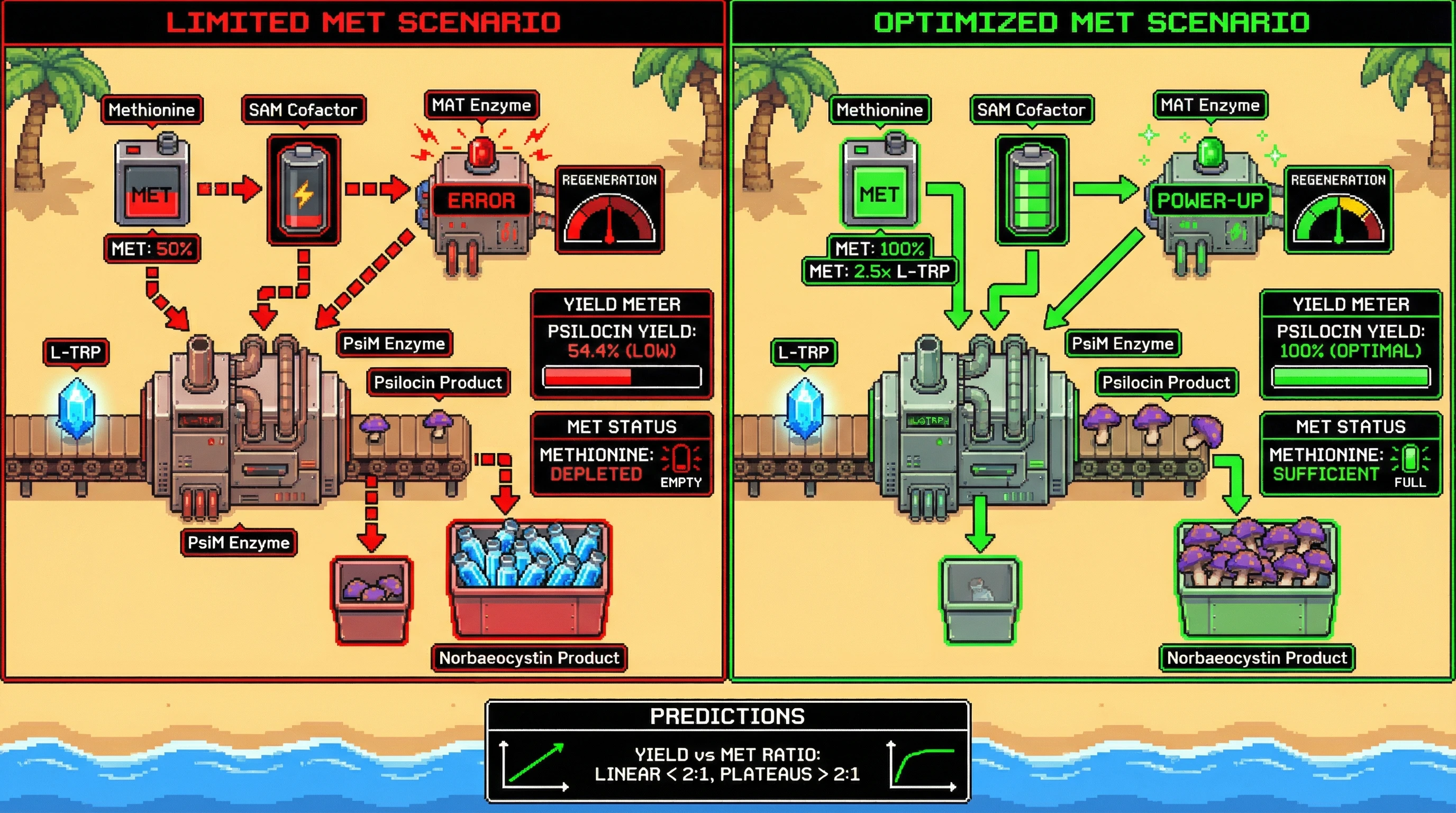 Infographic for: Cell-Free Psilocin Biosynthesis: Methionine Stoichiometry as the Critical Limiting Factor