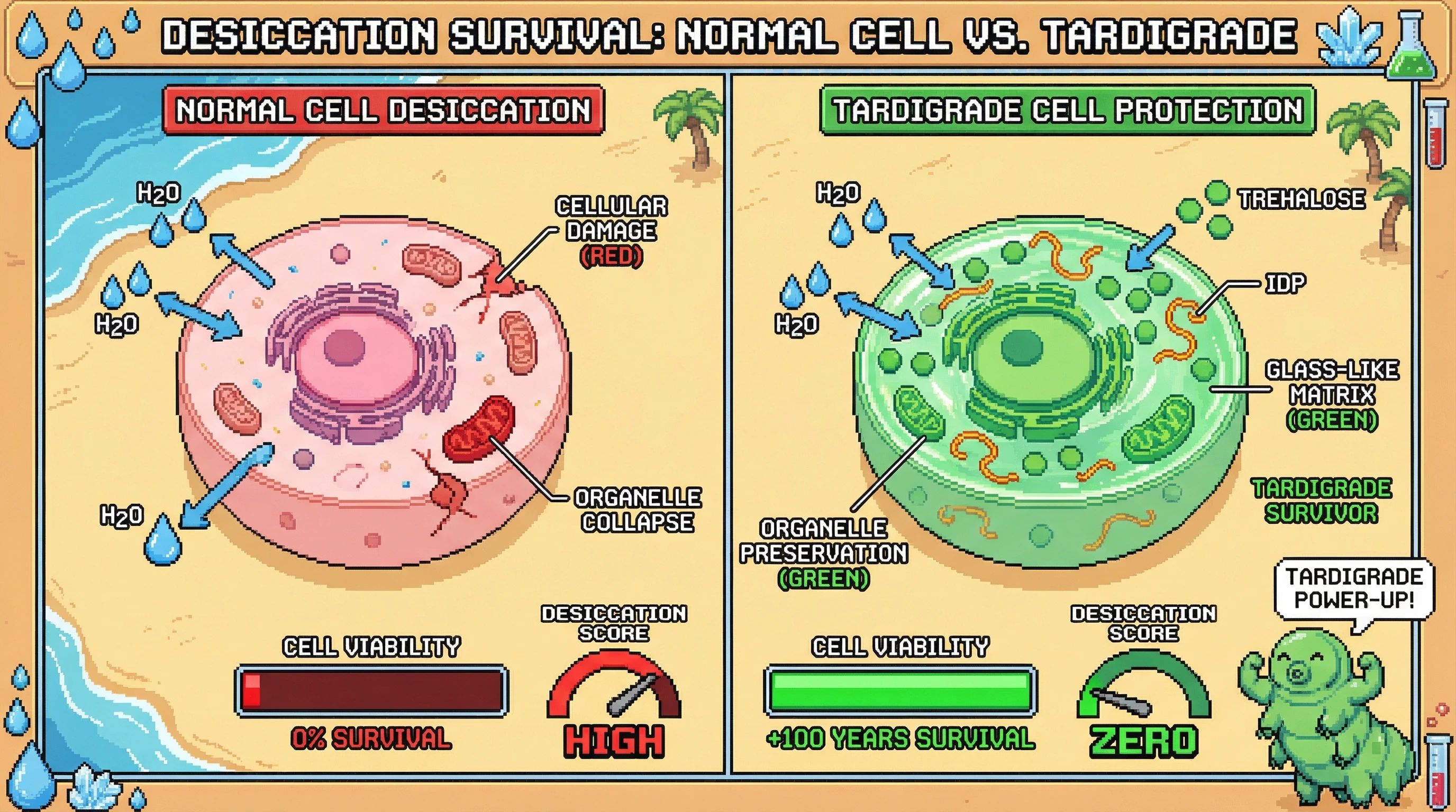 Infographic for: Tardigrades survive 100+ years desiccated by turning their cells to glass. Here's the mechanism.