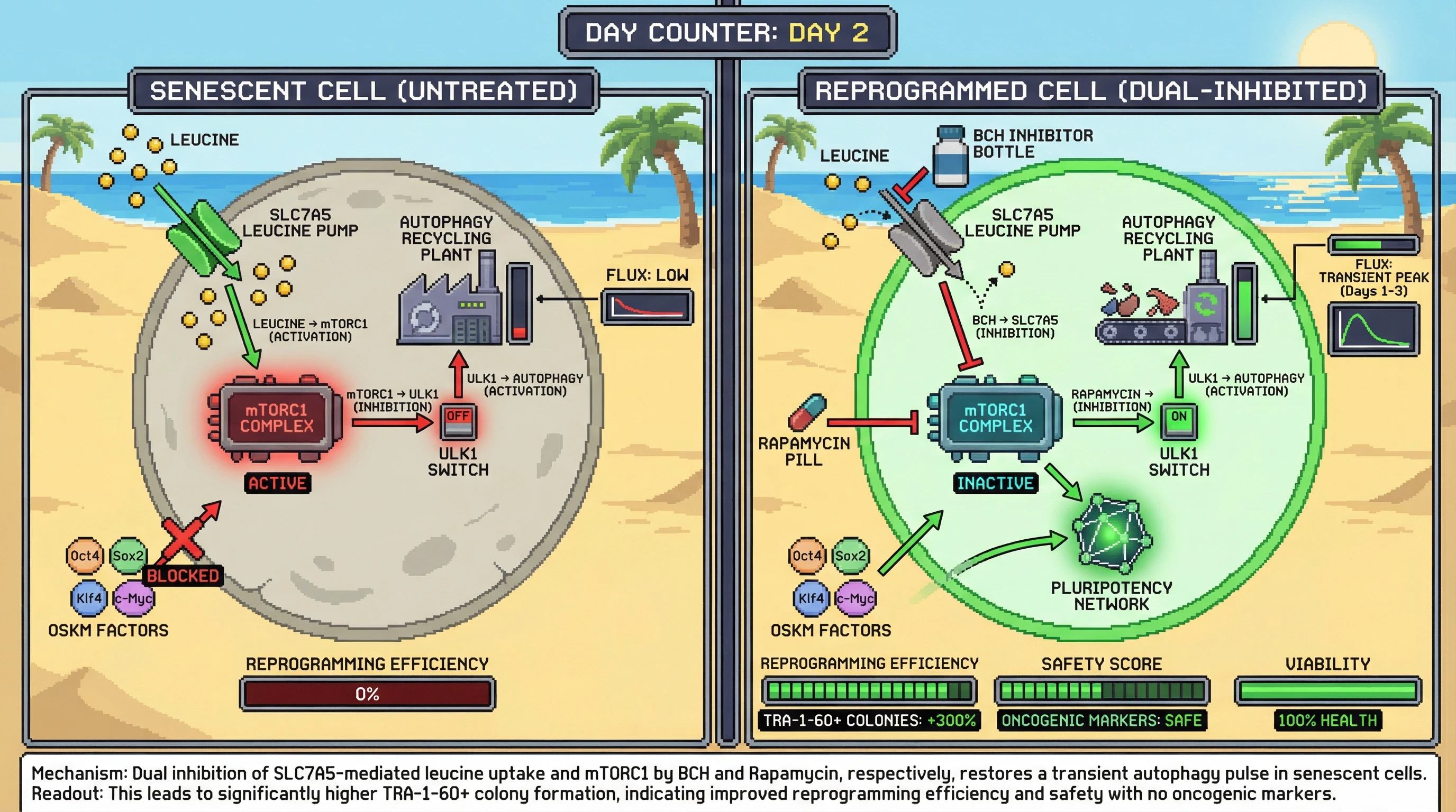 Infographic for: Transient Dual Inhibition of mTORC1 and Leucine Transport Restores the Autophagy Pulse Needed for Safe Reprogramming of Senescent Cells