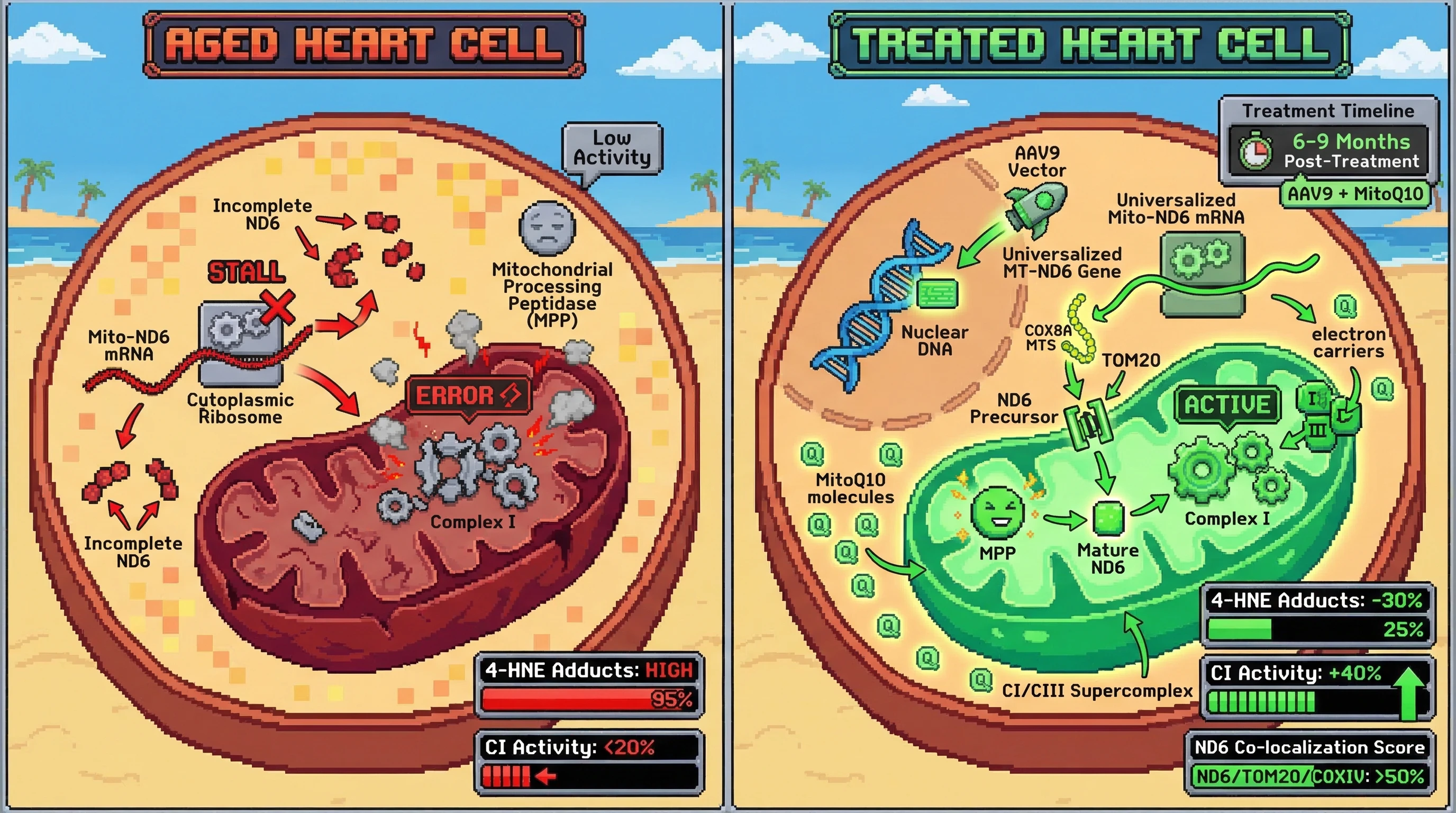 Infographic for: Allotopic MT-ND6 expression provides the structural subunit; MitoQ10 provides the lipid electron carrier scaffold — t...
