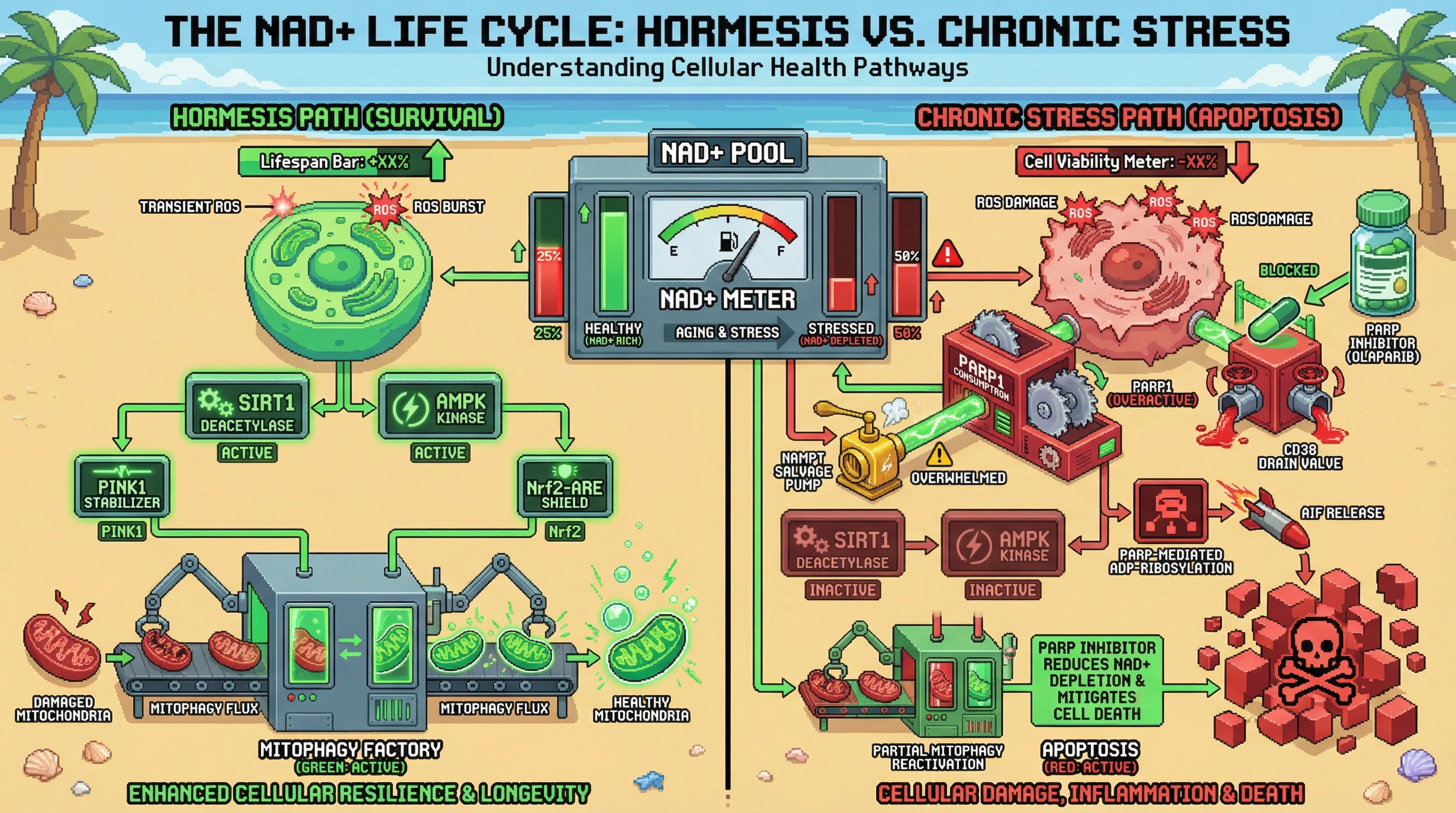 Infographic for: Hormesis as a NAD⁺‑gated switch: transient ROS spikes activate mitophagy via SIRT1/AMPK, whereas chronic NAD⁺ depletion drives apoptosis