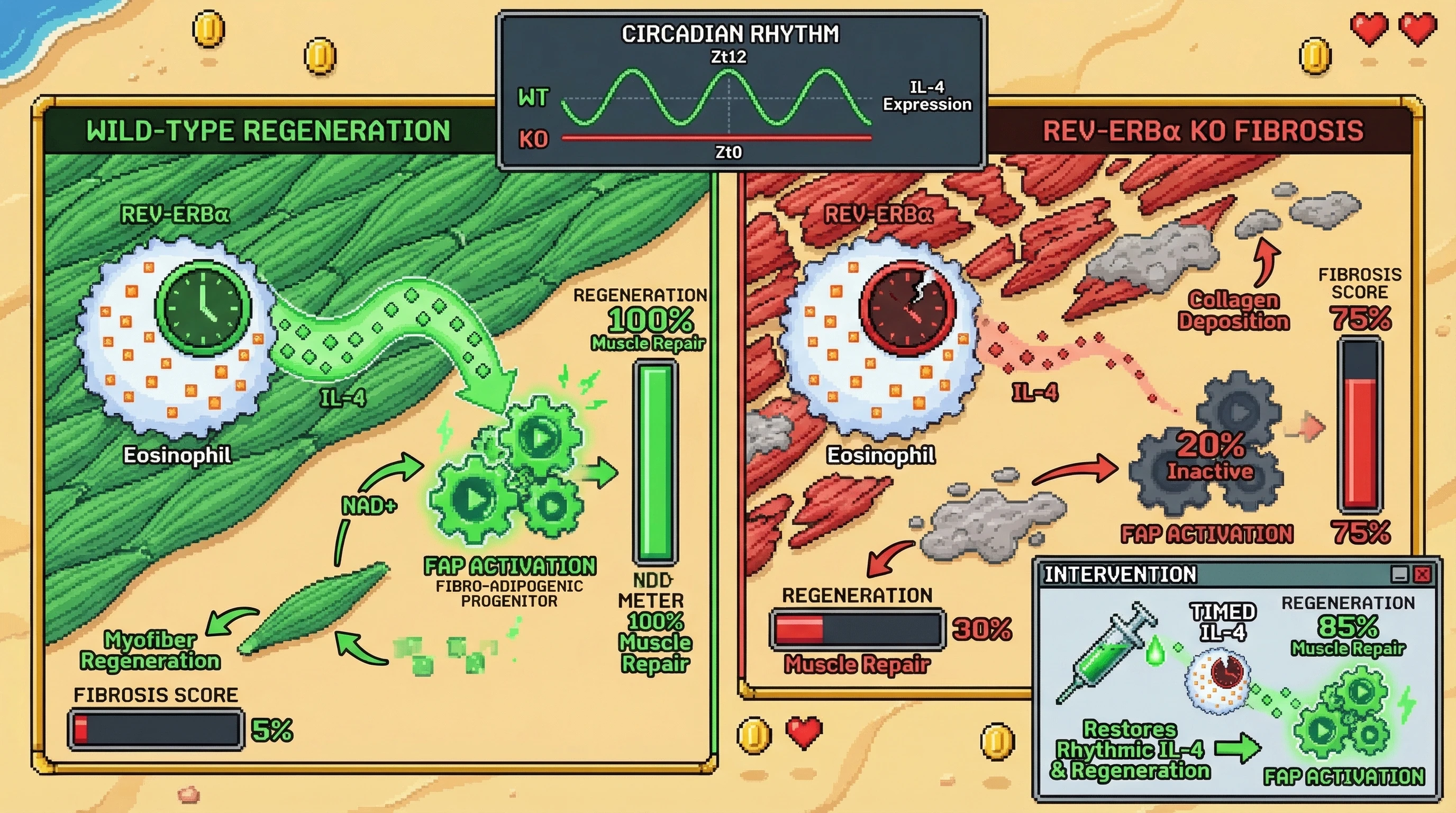 Infographic for: Circadian Gating of Eosinophil‑Derived IL‑4 Controls Timed Fibro‑Adipogenic Progenitor Activation for Muscle Repair