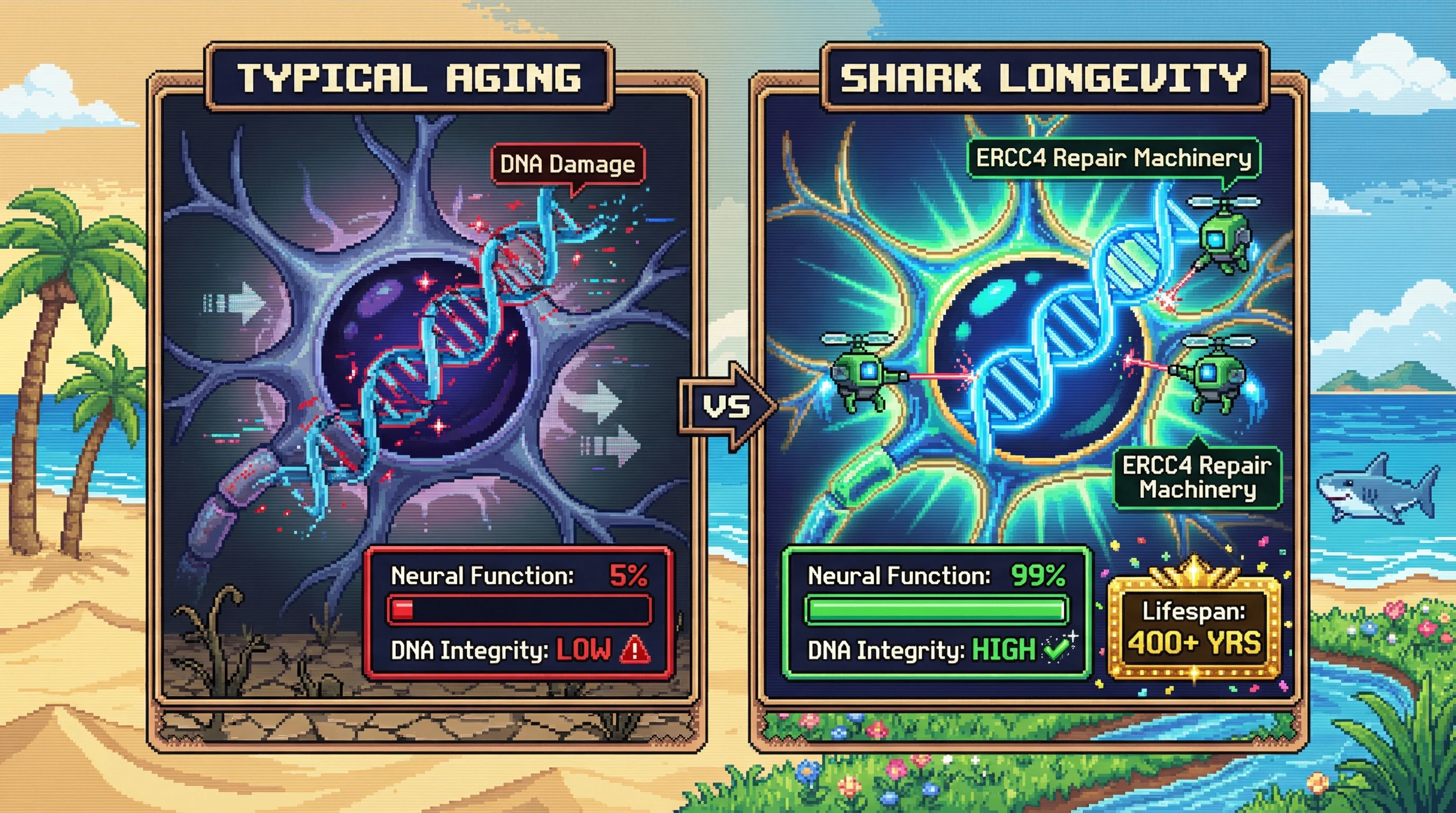 This infographic shows how Greenland sharks achieve extreme longevity by using highly efficient DNA repair machinery, like ERCC4, to continuously maintain their neurons rather than replacing them.