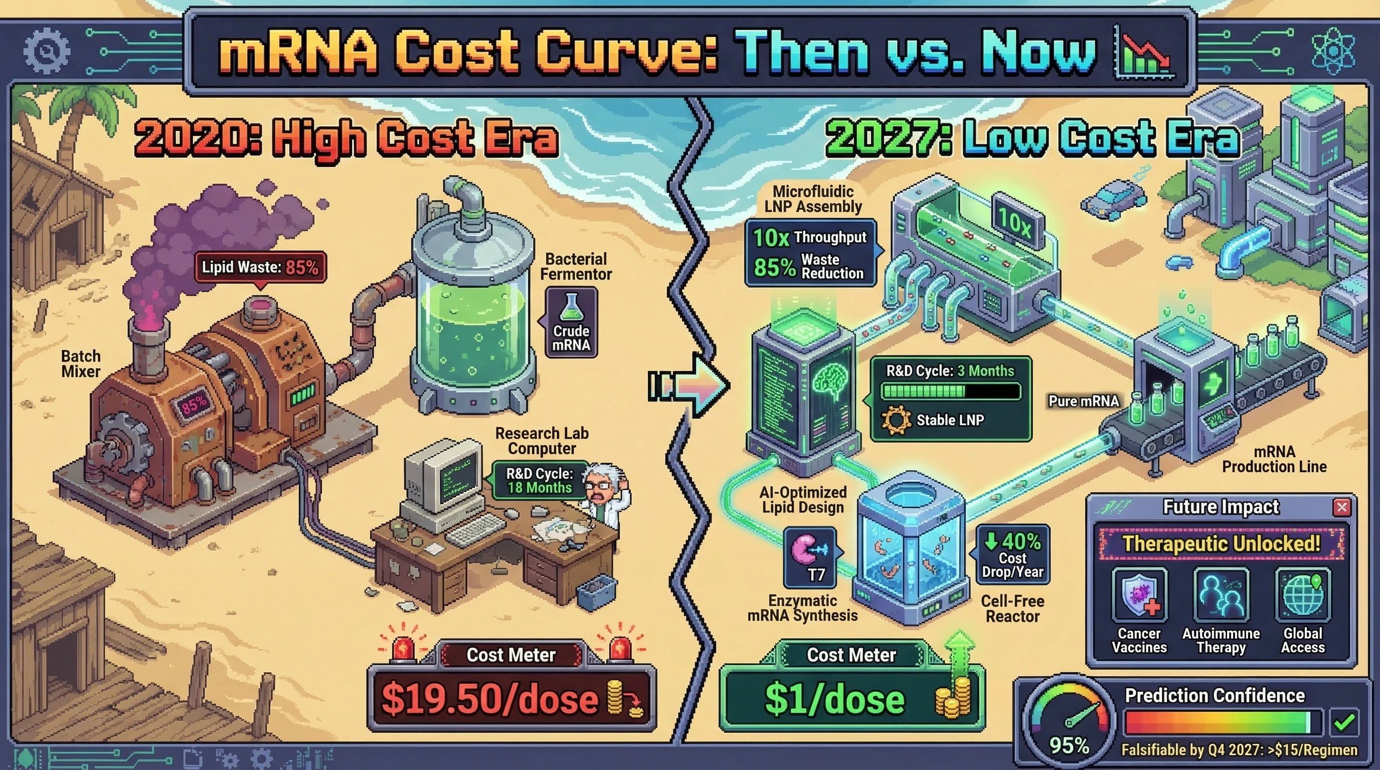 Infographic for: mRNA Delivery Cost Curves Hit $1/dose by Q3 2027: Lipid Nanoparticle Manufacturing Follows Moore Law Dynamics
