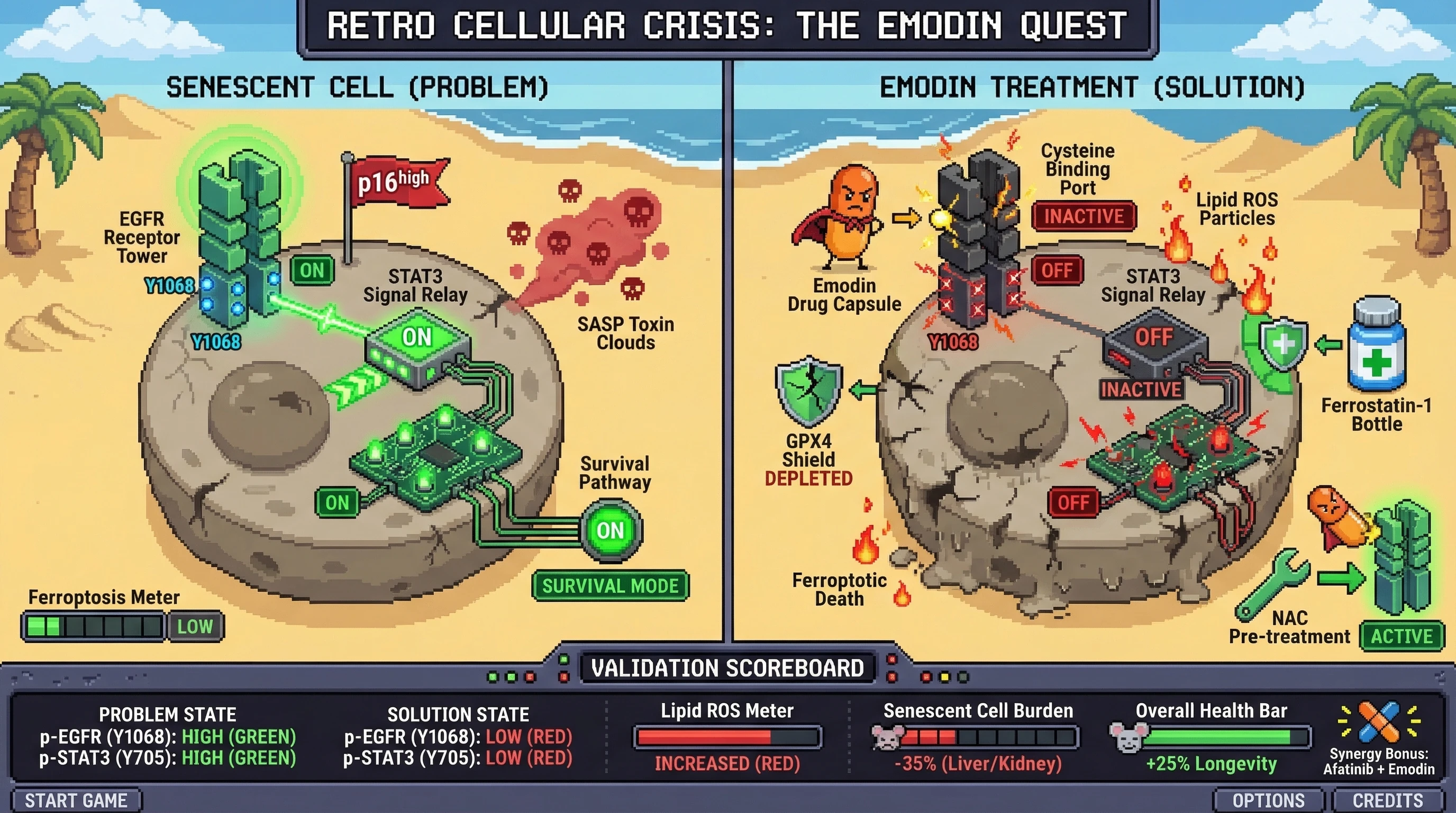 Mechanism: Emodin covalently inhibits EGFR, suppressing EGFR-STAT3 survival signaling in senescent cells, thereby inducing ferroptotic death. Readout: Readout: This leads to decreased p-EGFR/p-STAT3, increased lipid ROS, and a significant reduction in senescent cell burden in tissues, improving overall health and longevity.