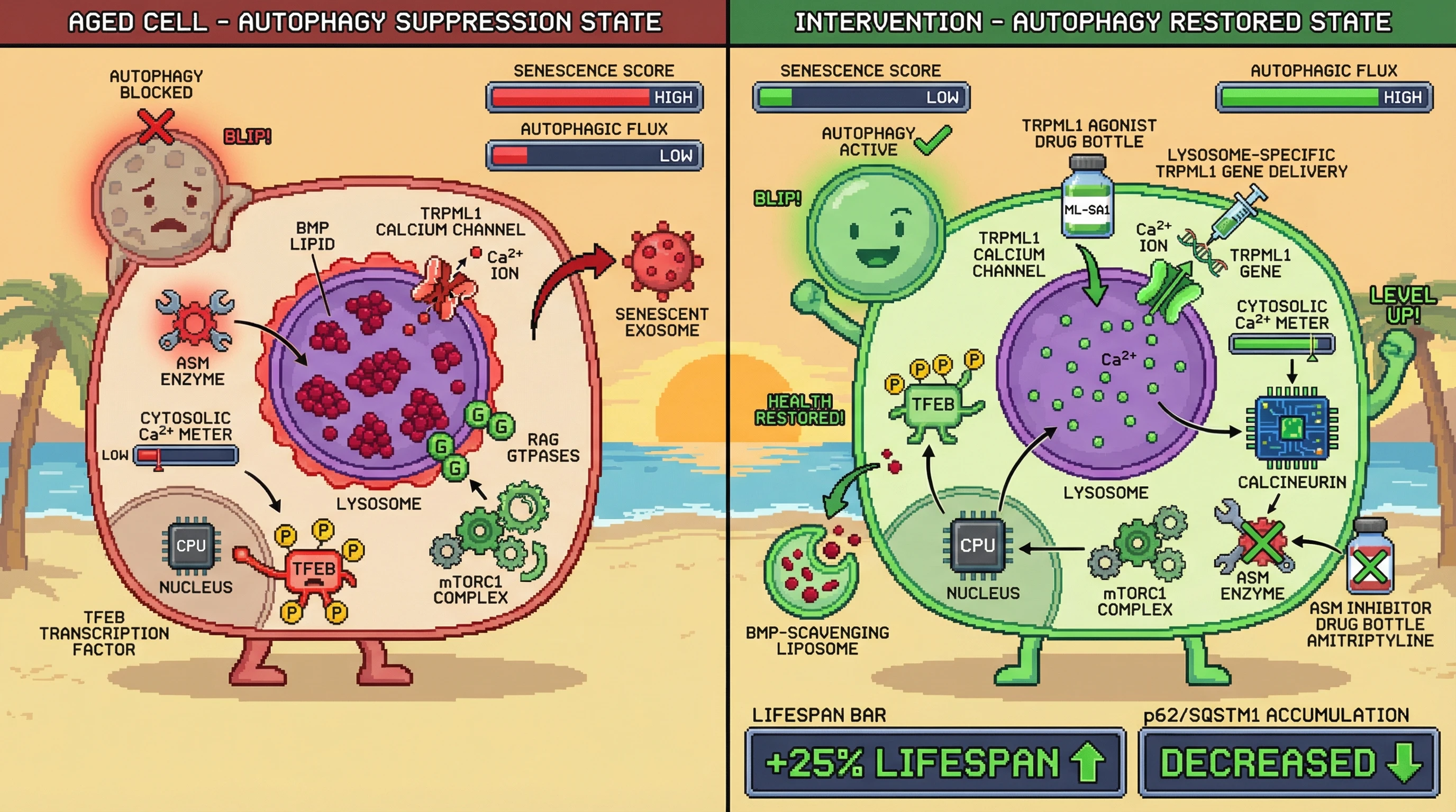 Mechanism: In aged cells, accumulated lysosomal BMP stiffens membranes and blocks the TRPML1 calcium channel, which inhibits calcineurin and keeps TFEB inactive, actively suppressing autophagy. Readout: Readout: Interventions like TRPML1 activation or ASM inhibition restore Ca2+ signaling and TFEB nuclear entry, increasing autophagic flux and potentially extending lifespan by 25%.