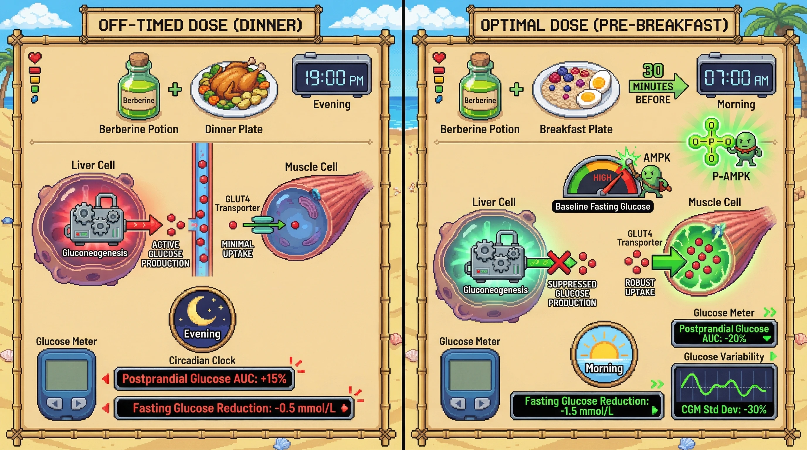 Mechanism: Berberine activates AMPK, suppressing liver glucose production and boosting muscle glucose uptake, especially when timed with the morning circadian AMPK peak. Readout: Readout: Pre-breakfast dosing significantly reduces postprandial glucose AUC by 15-20% and improves CGM-derived glucose variability by 30% compared to off-timed dosing.