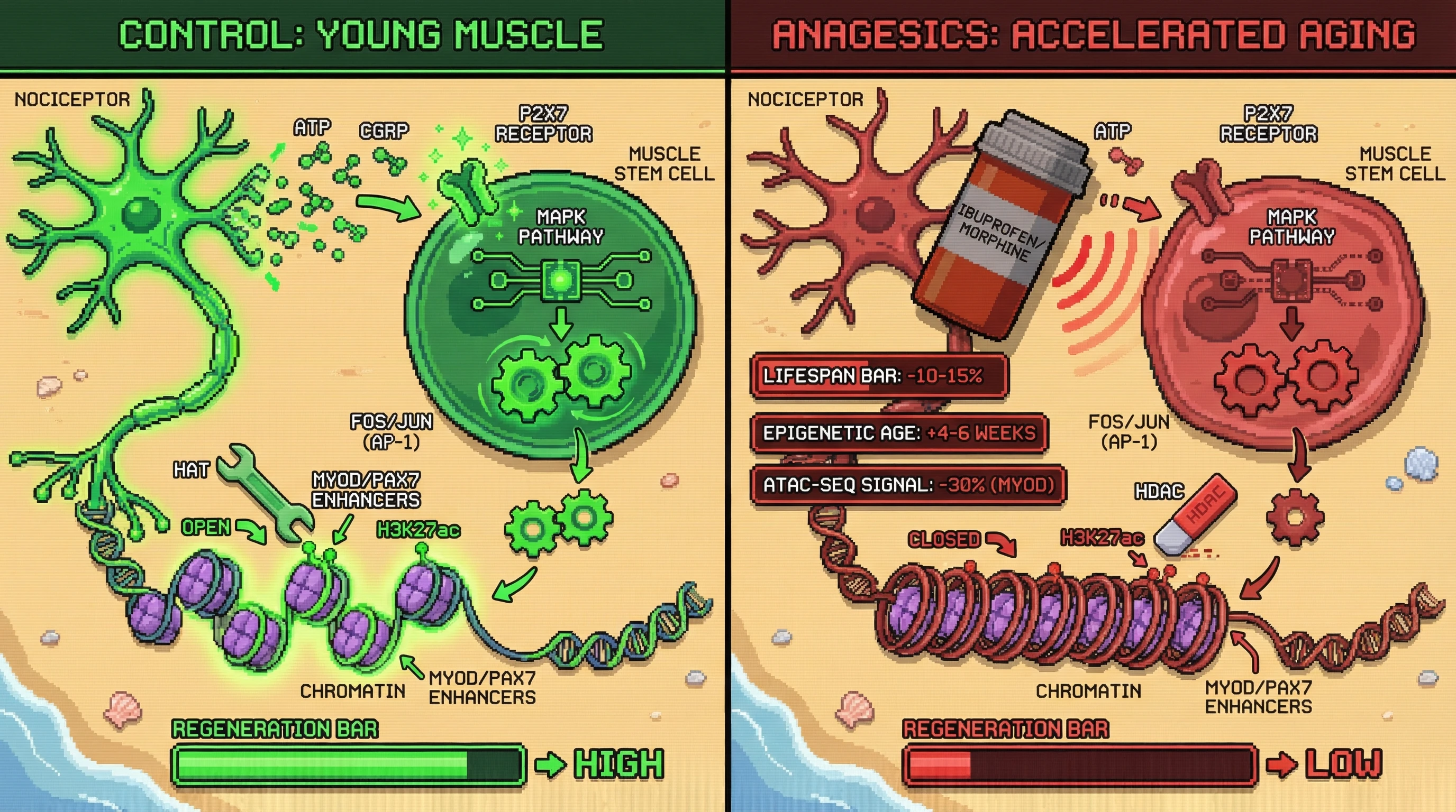Infographic for: Nociceptor‑Derived ATP/CGRP Sustains AP‑1‑Dependent Chromatin Openness in Muscle Stem Cells; Chronic Analgesic Use Erases This Signal and Accelerates Epigenetic Aging