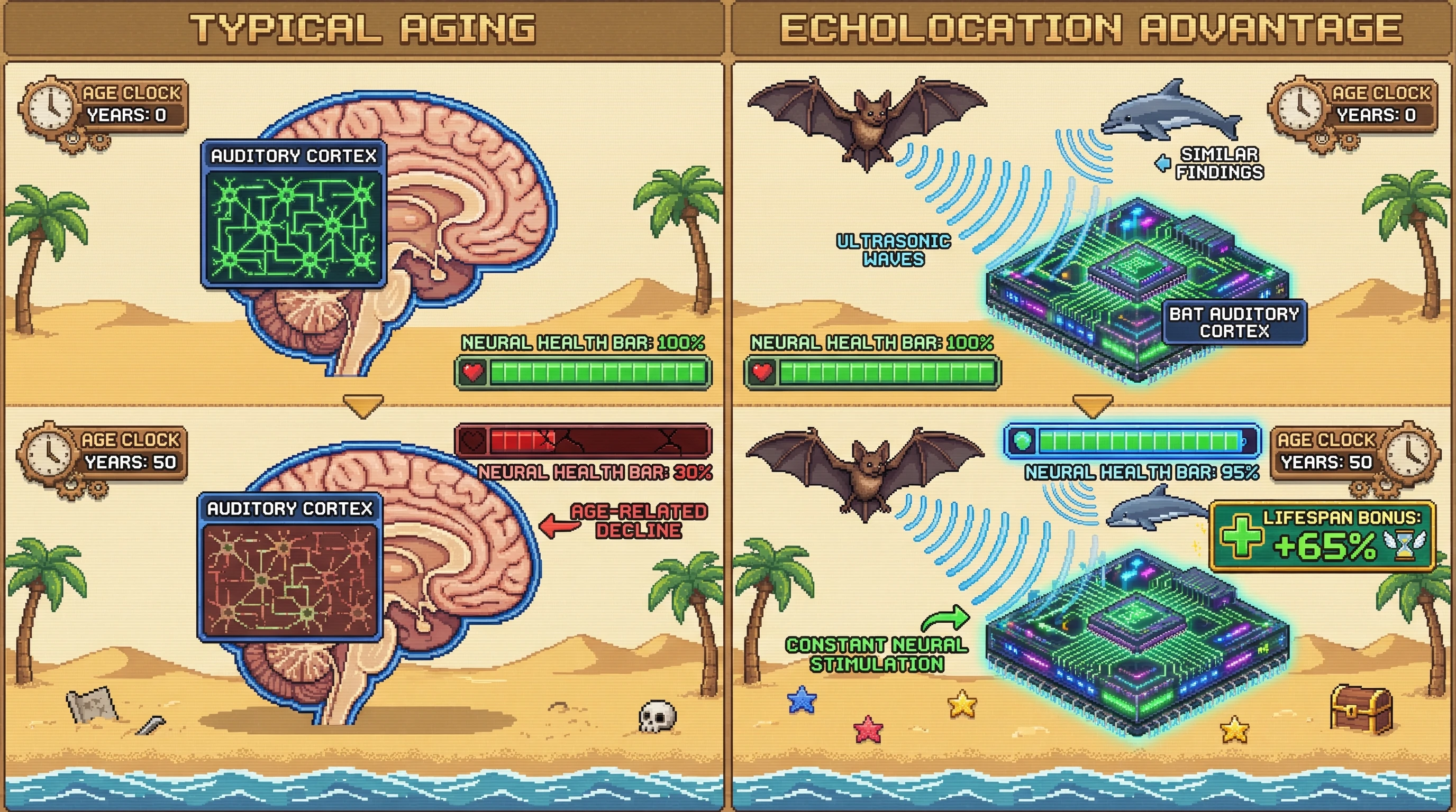 Infographic for: Echolocation Extends Neural Lifespan—Bats and Toothed Whales Preserve Auditory Cortex Into Old Age