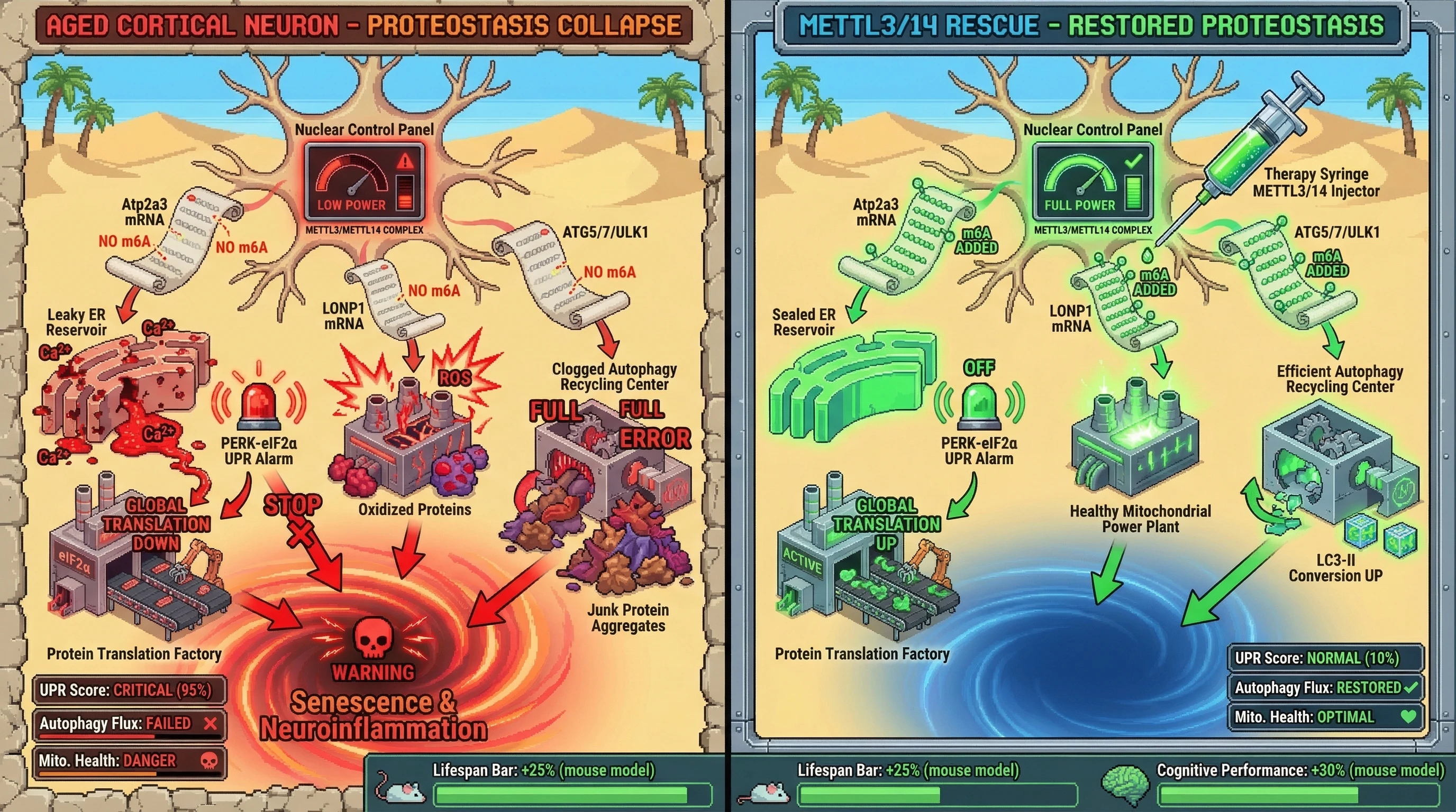 Infographic for: METTL3/14 Decline as a Nuclear‑Cytoplasmic Hub Coordinating Proteostasis Collapse in Brain Aging