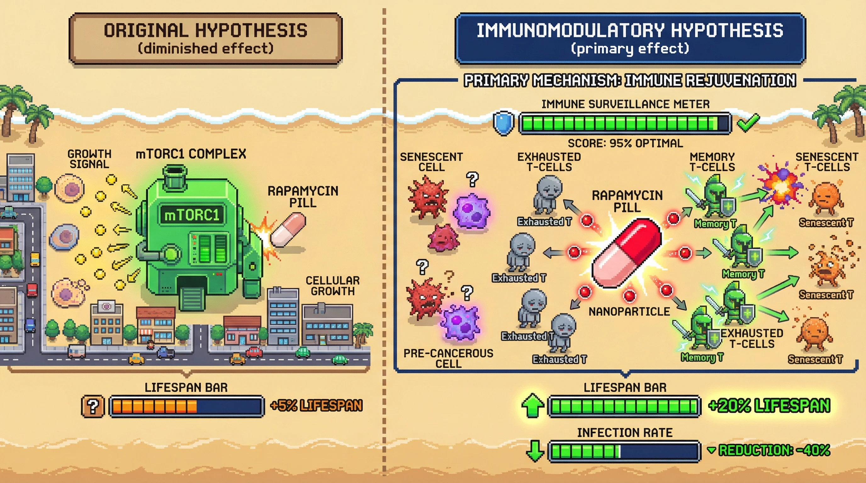 This infographic illustrates the updated hypothesis for rapamycin's longevity effects, proposing that its primary mechanism is immune system rejuvenation and enhanced immunosurveillance, rather than direct mTOR inhibition alone. It visually compares the original, less significant view with the new, potent immunomodulatory role.
