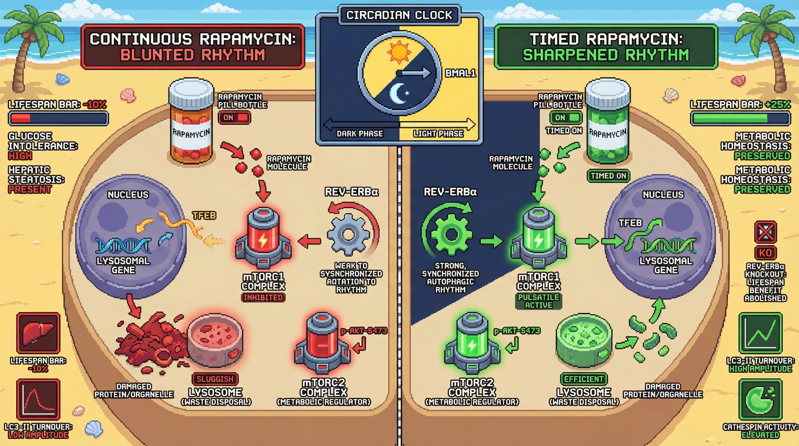 Infographic for: Timed mTOR inhibition entrains circadian autophagy flux via REV-ERBα-mediated lysosomal priming, extending lifespan without chronic mTORC2 suppression