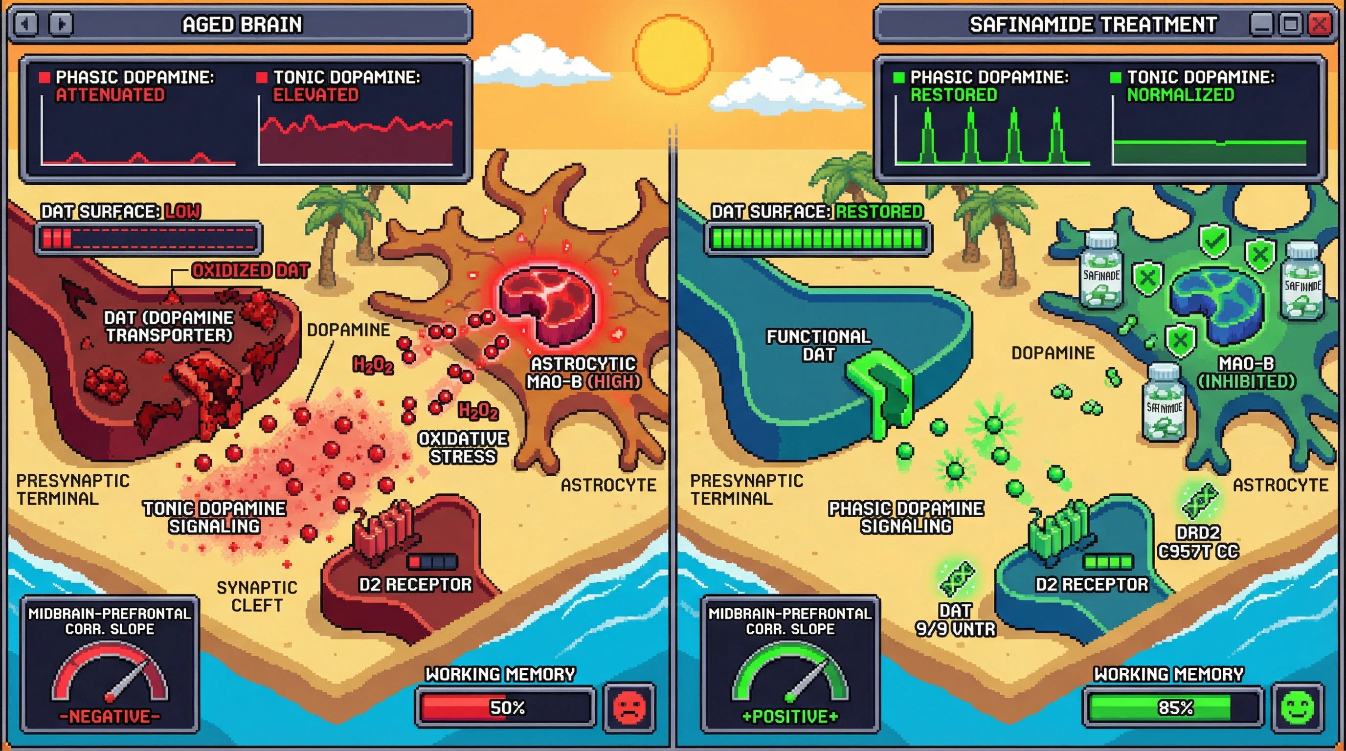 Infographic for: Age‑Related Astrocytic MAO‑B Elevation Oxidatively Modifies DAT, Shifting Dopamine Signaling from Phasic to Tonic and Inverting the Midbrain‑Prefrontal Correlation