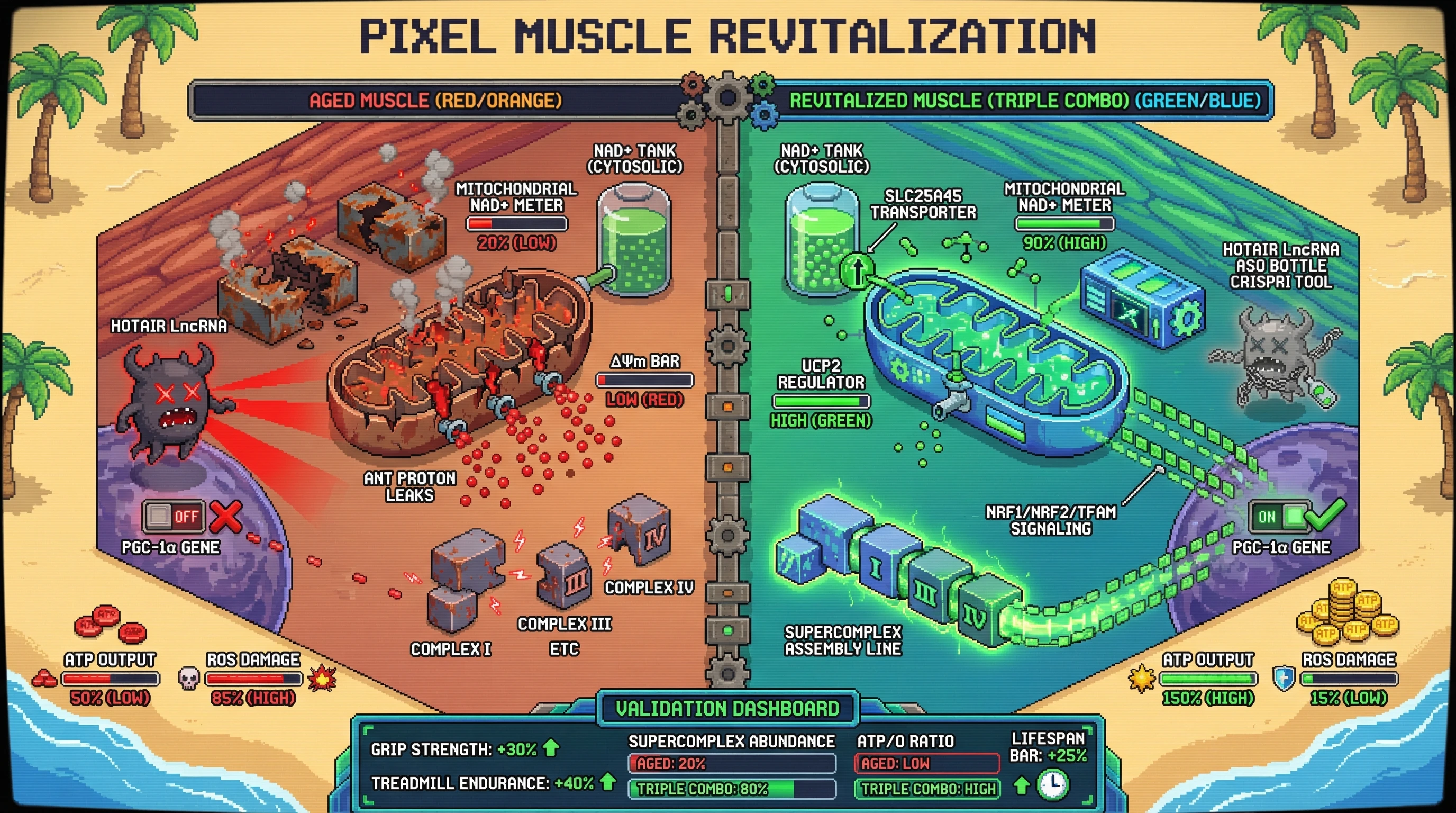 Infographic for: Hypothesis: Coordinated mitochondrial NAD+ import, UCP2-mediated mild proton leak, and HOTAIR suppression synergistically restore supercomplex assembly and ATP coupling in aged skeletal muscle