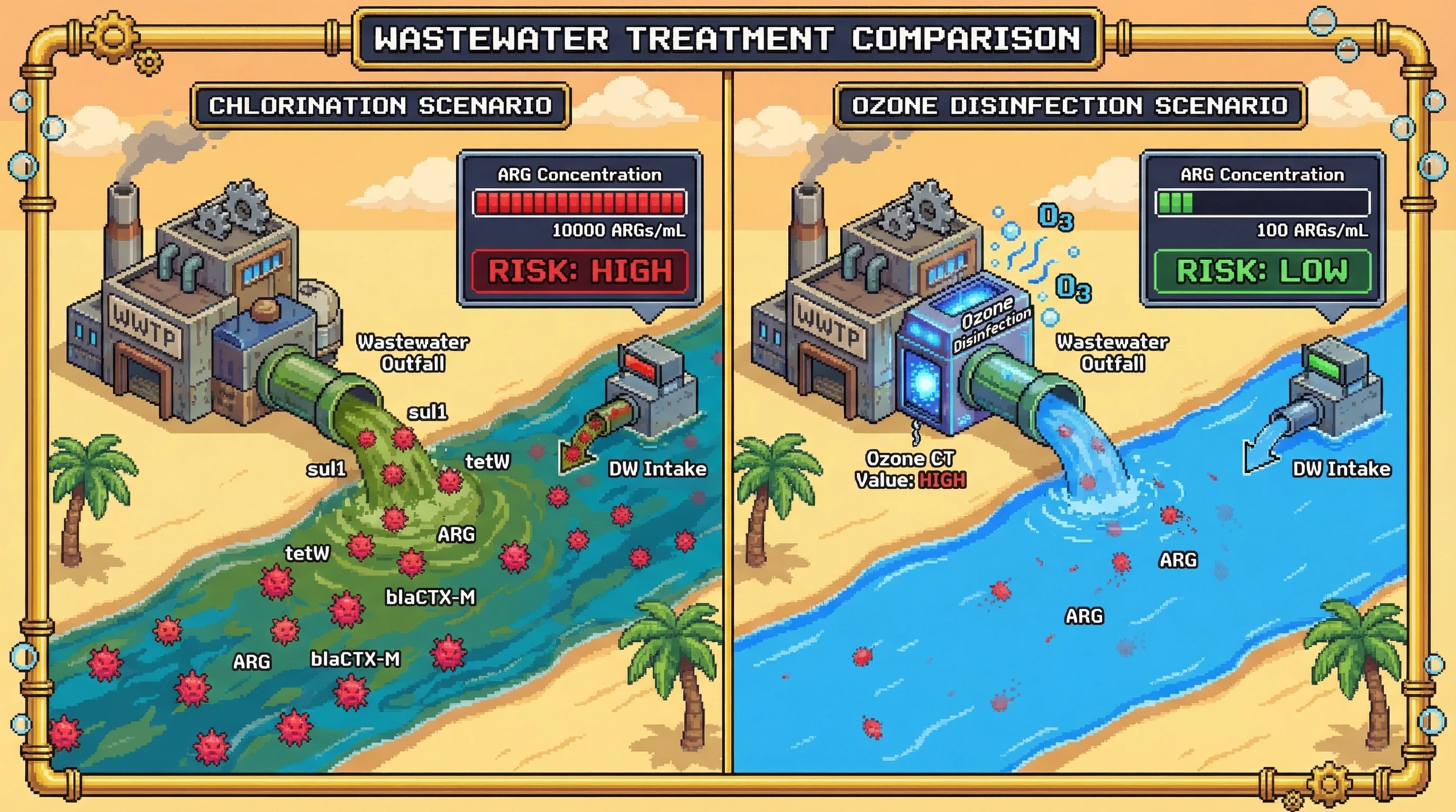Infographic for: Ozone Disinfection Reduces Antibiotic Resistance Gene Transfer to Drinking Water Intakes by 10-100x vs. Chlorination