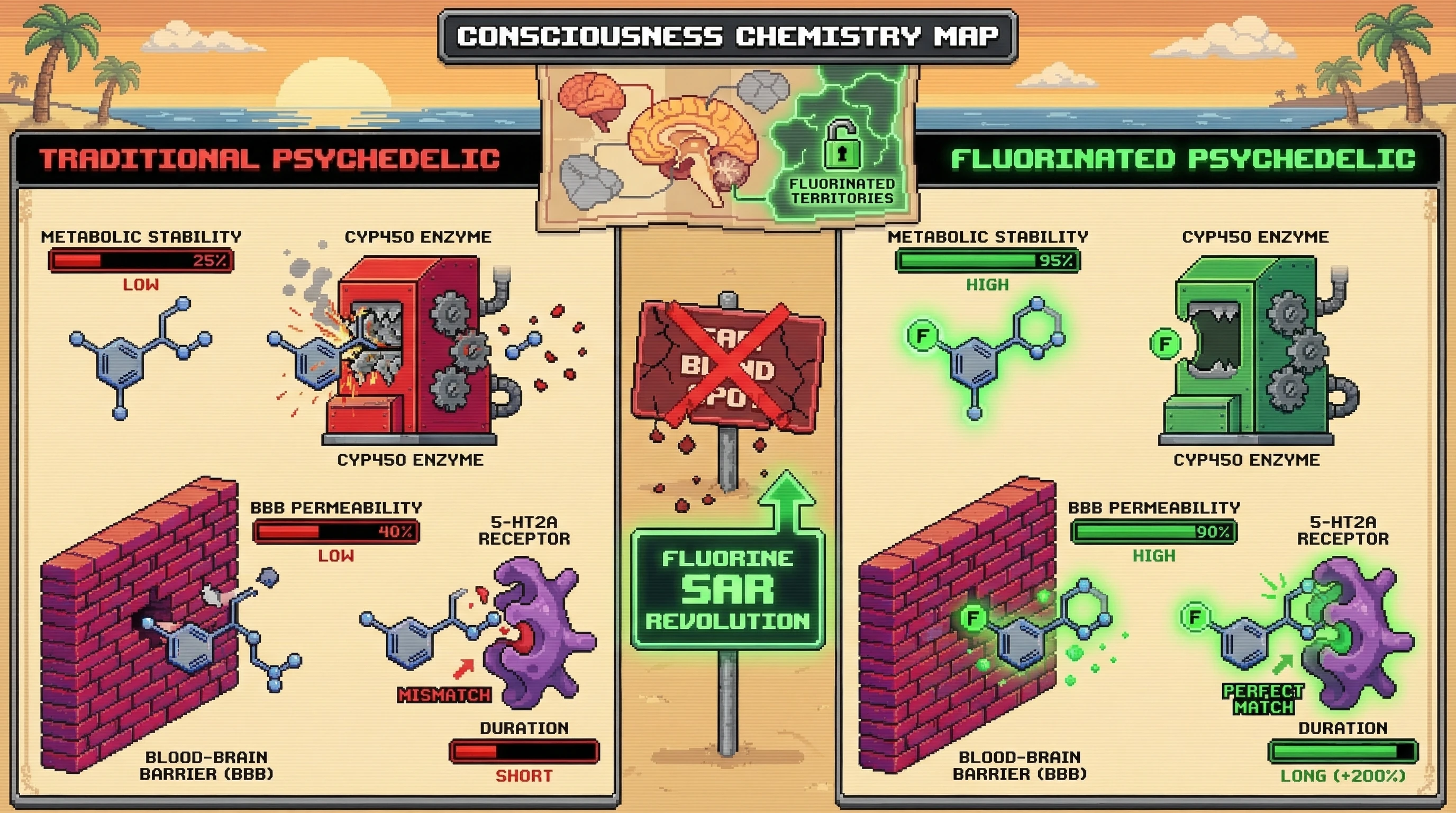 Infographic for: The Fluorine SAR Revolution — Why 25% of FDA Drugs Contain It but Psychedelics Ignore It