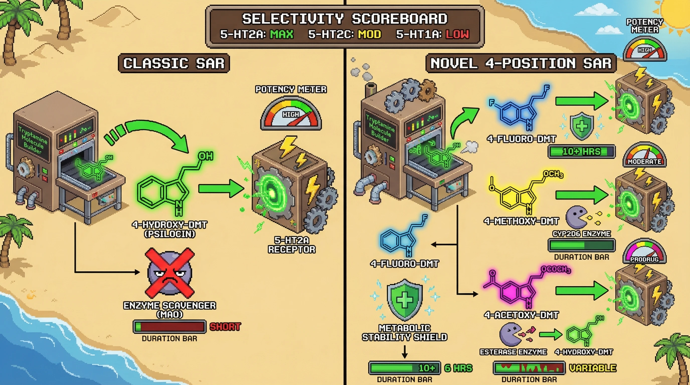 Infographic for: Tryptamine 4-Position SAR: Beyond Psilocybin—Mapping Hydroxyl, Alkoxy, and Halogen Effects on Indole Ring Activation