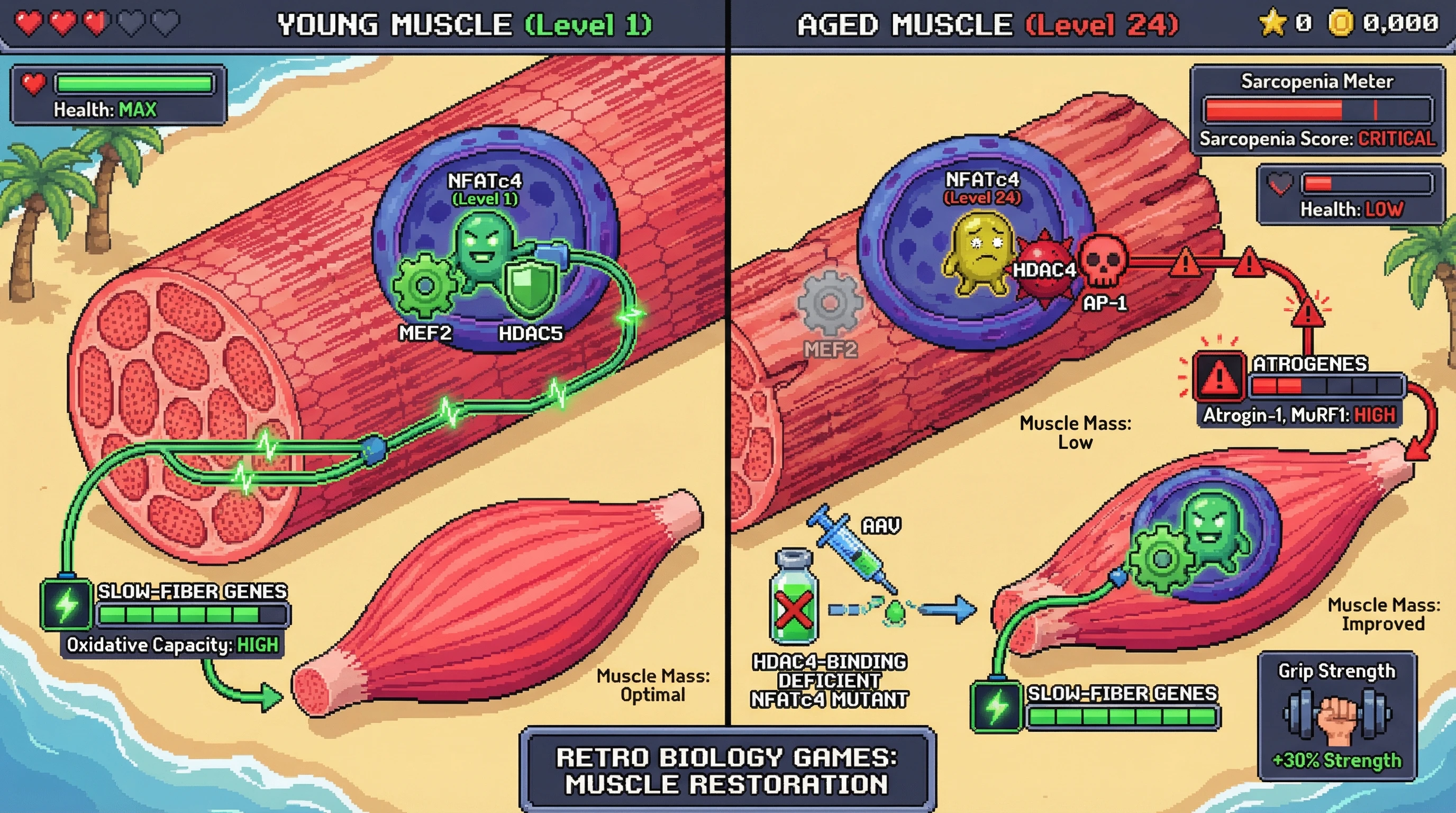Mechanism: Aging shifts NFATc4 transcription factor's partners from MEF2/HDAC5 (promoting slow-fiber genes) to HDAC4/AP-1 (activating atrophy genes atrogin-1 and MuRF1), causing muscle wasting. Readout: Readout: Disrupting the HDAC4-NFATc4 interaction improves muscle mass and increases grip strength by 30%.