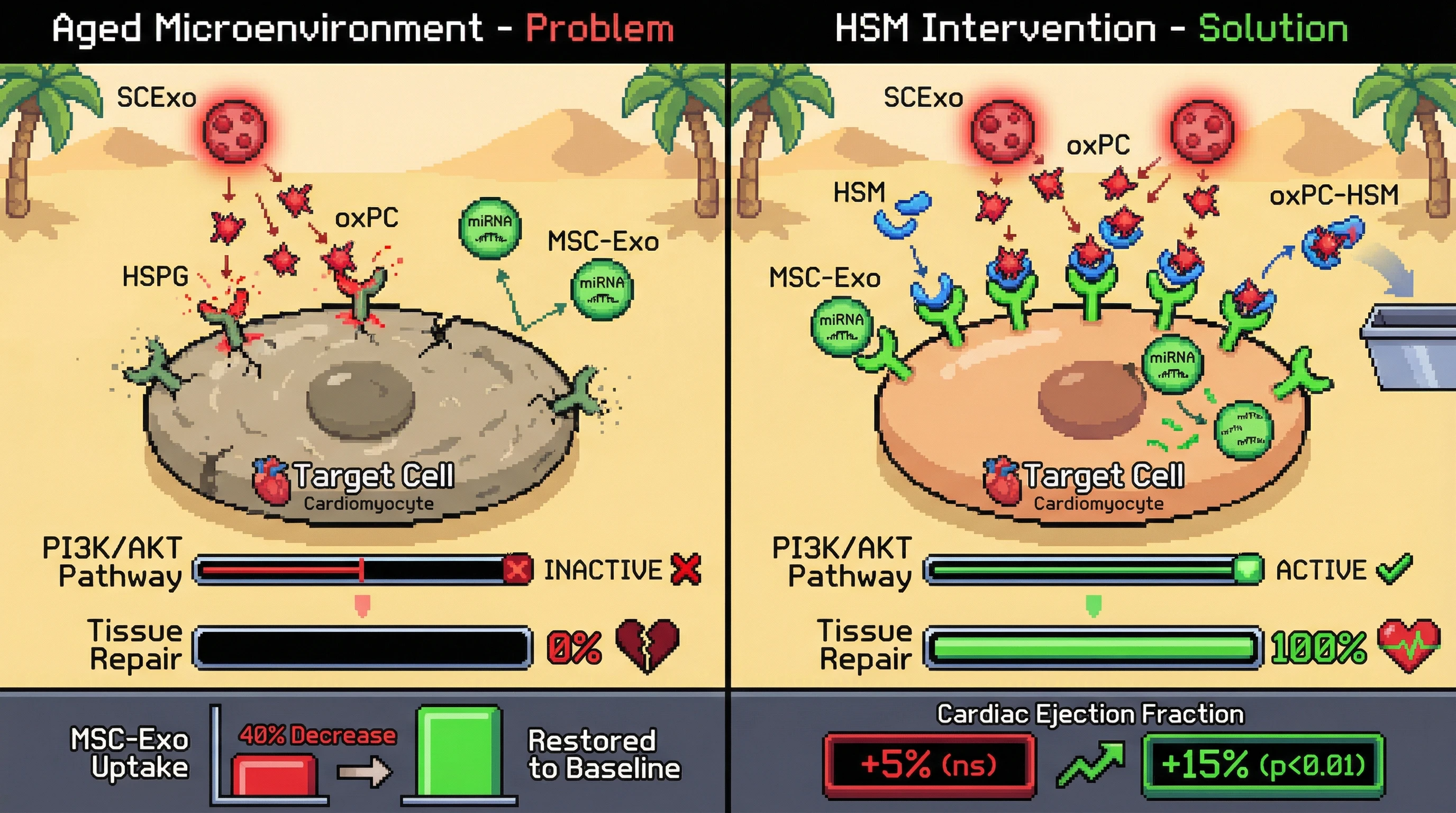 Mechanism: Senescent exosome-derived oxidized lipids deplete target cell heparan sulfate proteoglycans, hindering therapeutic MSC-exosome uptake, which is rescued by a heparan sulfate mimetic. Readout: Readout: MSC-exosome uptake is restored in vitro, and cardiac ejection fraction improves by 15% in an aged myocardial infarction model.
