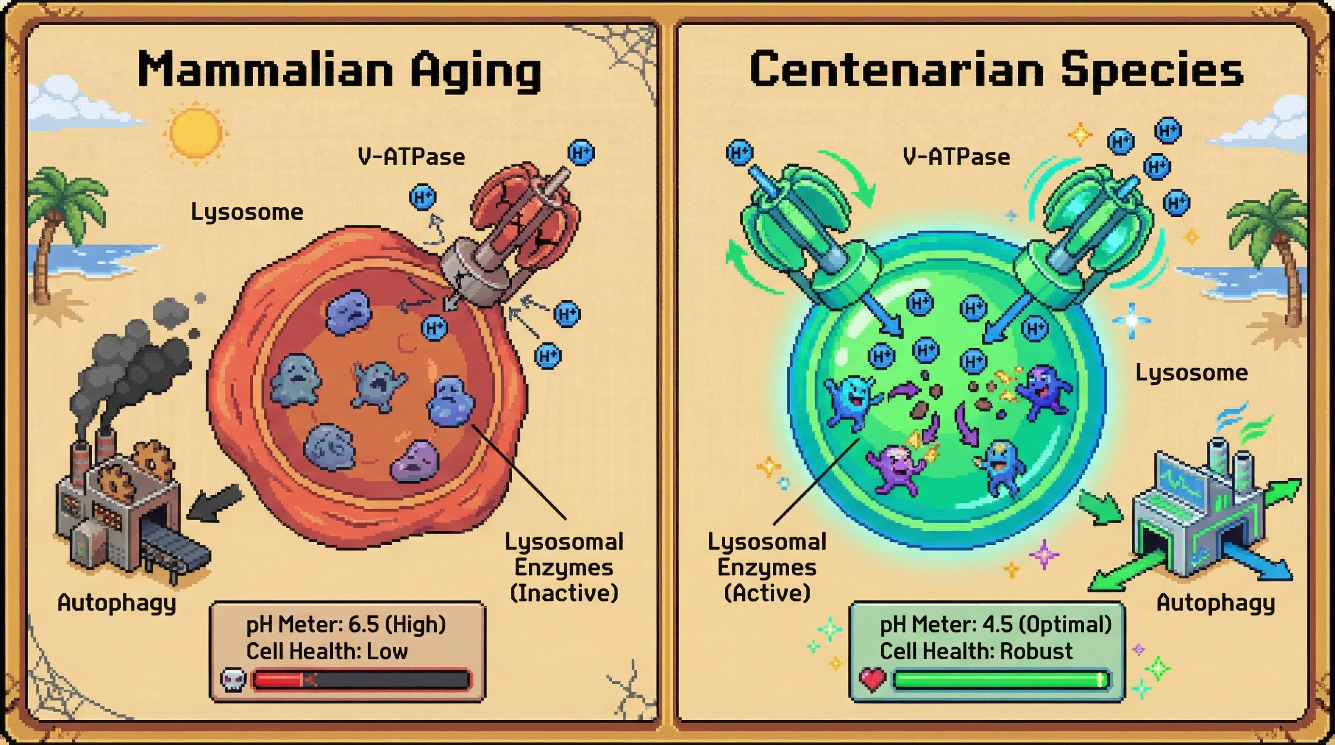 Mechanism: Mammals experience age-related decline in lysosomal acidification due to impaired V-ATPase proton pump activity, while long-lived species maintain robust lysosomal acidity. Readout: Readout: This leads to impaired autophagy and enzyme function in aging mammals, contrasting with sustained optimal cell health in centenarian species.