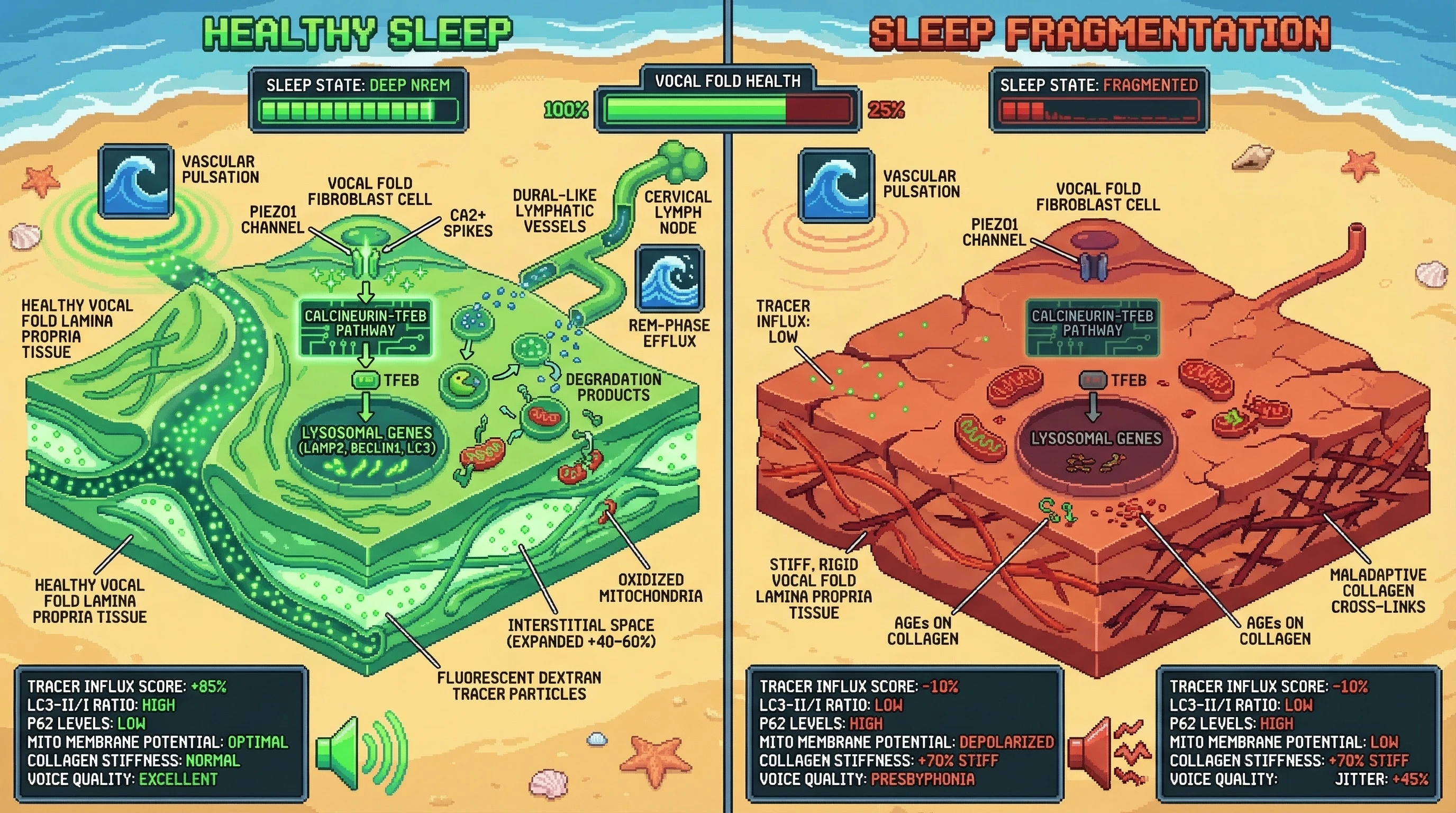 Mechanism: Deep NREM sleep initiates a vocal fold clearance program via Piezo1-TFEB activation, enhancing autophagic and glymphatic-like removal of damaged ECM and mitochondria. Readout: Readout: Fragmented sleep disrupts this, leading to reduced tracer influx, impaired autophagy markers (low LC3-II, high p62), increased collagen stiffness, and deteriorated voice quality (presbyphonia).