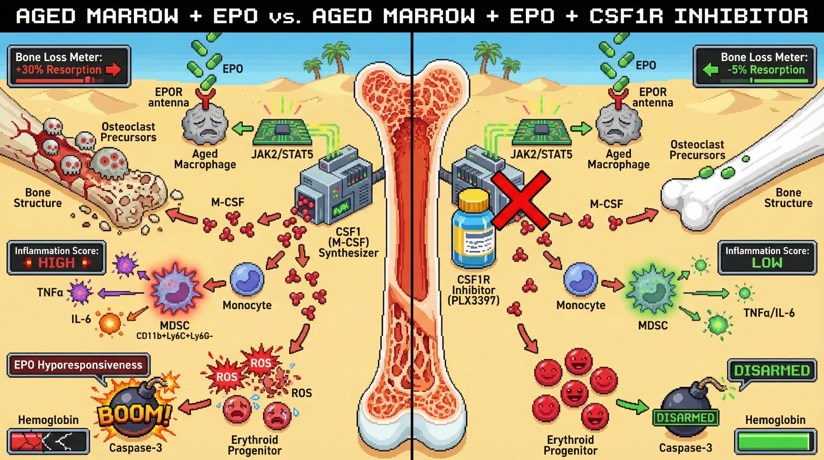 Mechanism: In aged marrow, EPO activates macrophage EPOR, causing an M-CSF surge that expands MDSCs, increases osteoclasts, and impairs erythropoiesis. Readout: Readout: CSF1R inhibition prevents M-CSF rise, reduces MDSCs and bone loss, and improves hemoglobin recovery and CFU-E counts.