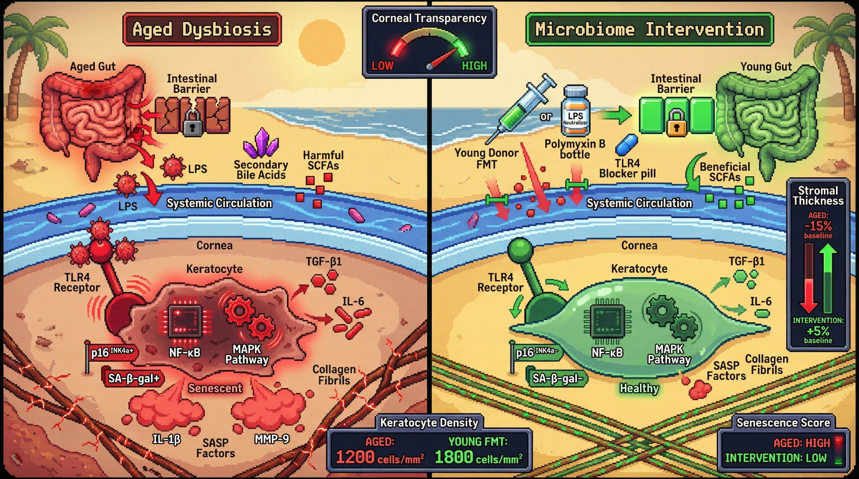 Mechanism: Aged gut dysbiosis increases circulating LPS and bile acids, activating keratocyte TLR4 to trigger senescence and collagen disorganization. Readout: Readout: Interventions like young donor FMT or TLR4 blockade reduce senescence markers and improve corneal transparency and keratocyte density.