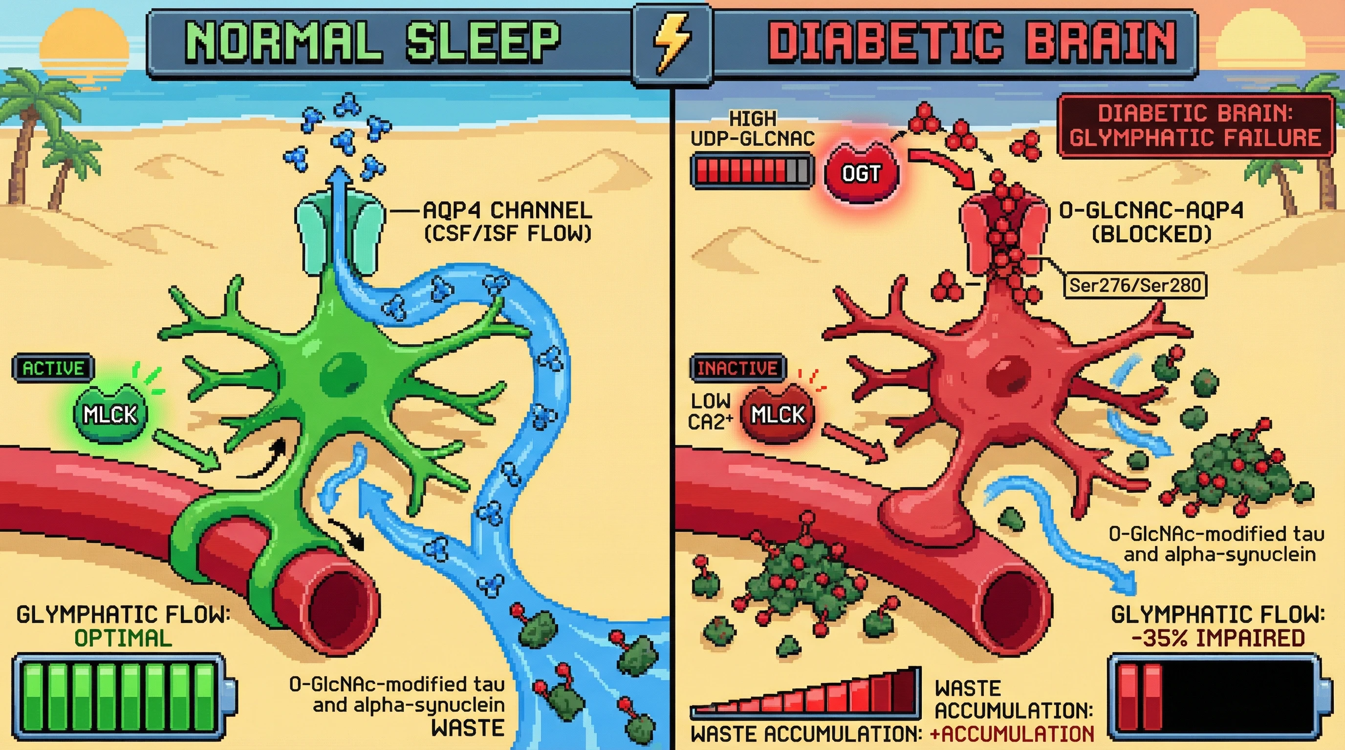 Mechanism: High HBP flux in diabetes leads to aberrant O-GlcNAcylation of AQP4 and MLCK, impairing water permeability and astrocyte contractility. Readout: Readout: Glymphatic CSF influx rate is reduced by 35%, leading to accumulation of O-GlcNAc-modified tau and alpha-synuclein.