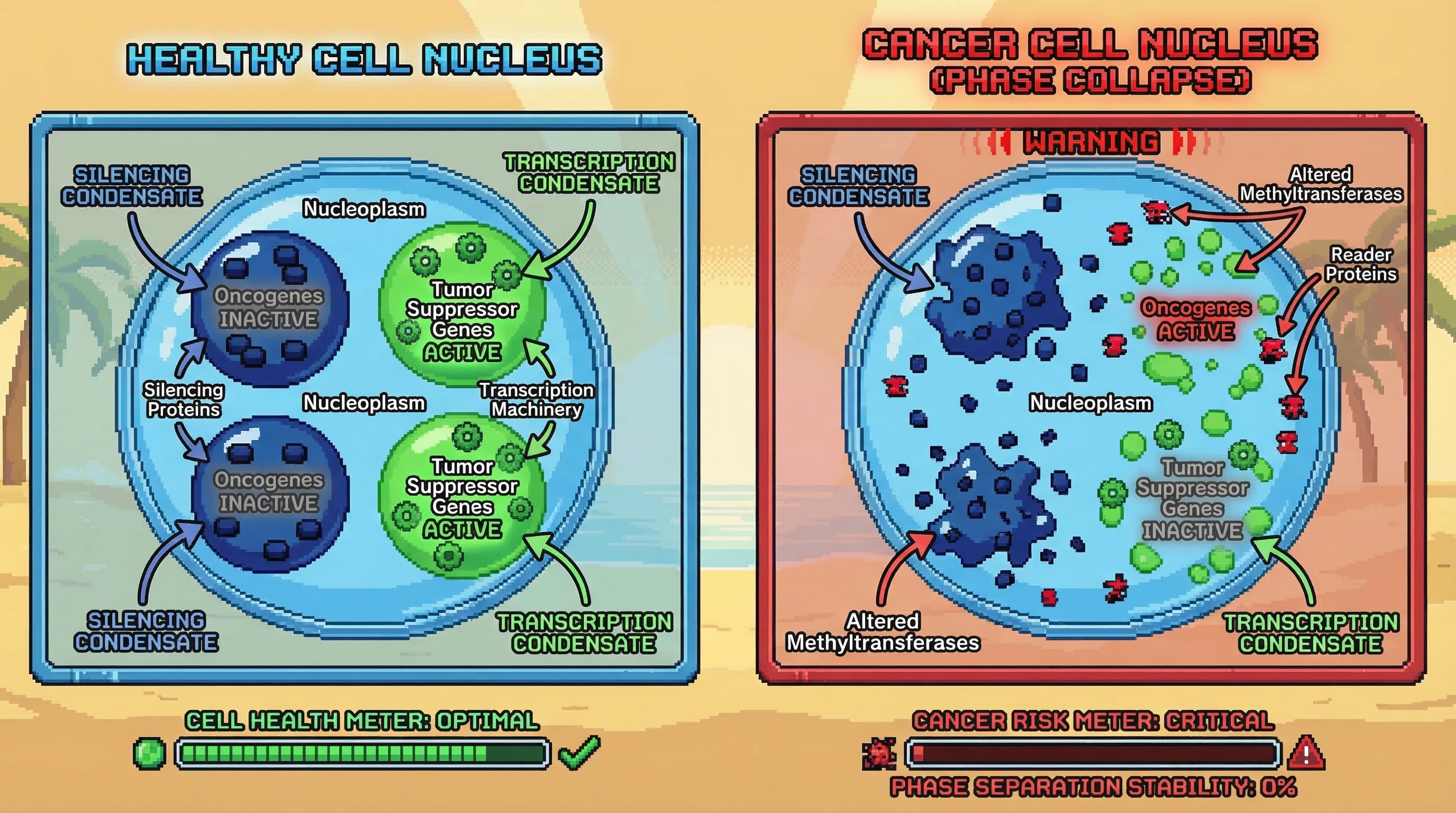 Mechanism: Healthy cells maintain distinct chromatin condensates for gene regulation, but cancer involves a physical 'phase separation collapse' within the nucleus. Readout: Readout: This breakdown leads to oncogene activation and tumor suppressor gene inactivation, visualized as a critical 'Cancer Risk Meter' and 'Phase Separation Stability: 0%'.