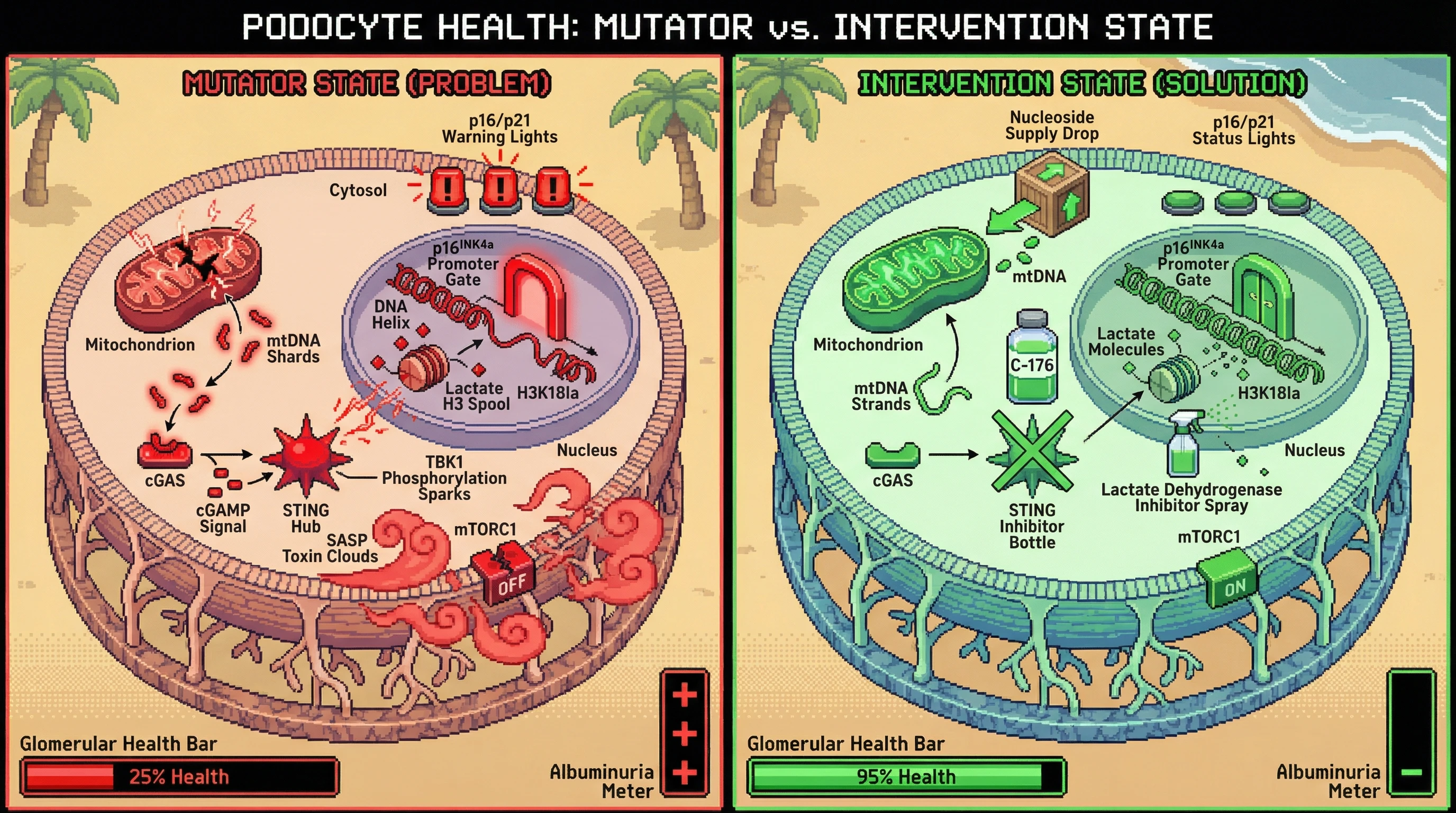 Mechanism: Accumulation of mutant mitochondrial DNA in podocytes activates the cGAS-STING pathway, leading to histone lactylation and opening of the p16INK4a promoter, driving cellular senescence. Readout: Readout: Interventions blocking this cascade reduce p16/p21 expression, decrease albuminuria, and restore glomerular health.
