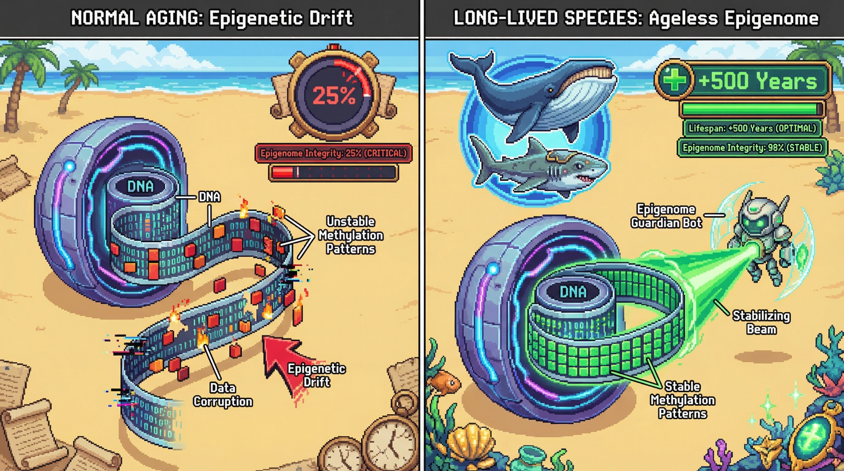 Infographic for: Animals that live 500 years don't just repair DNA—they keep their epigenome ageless