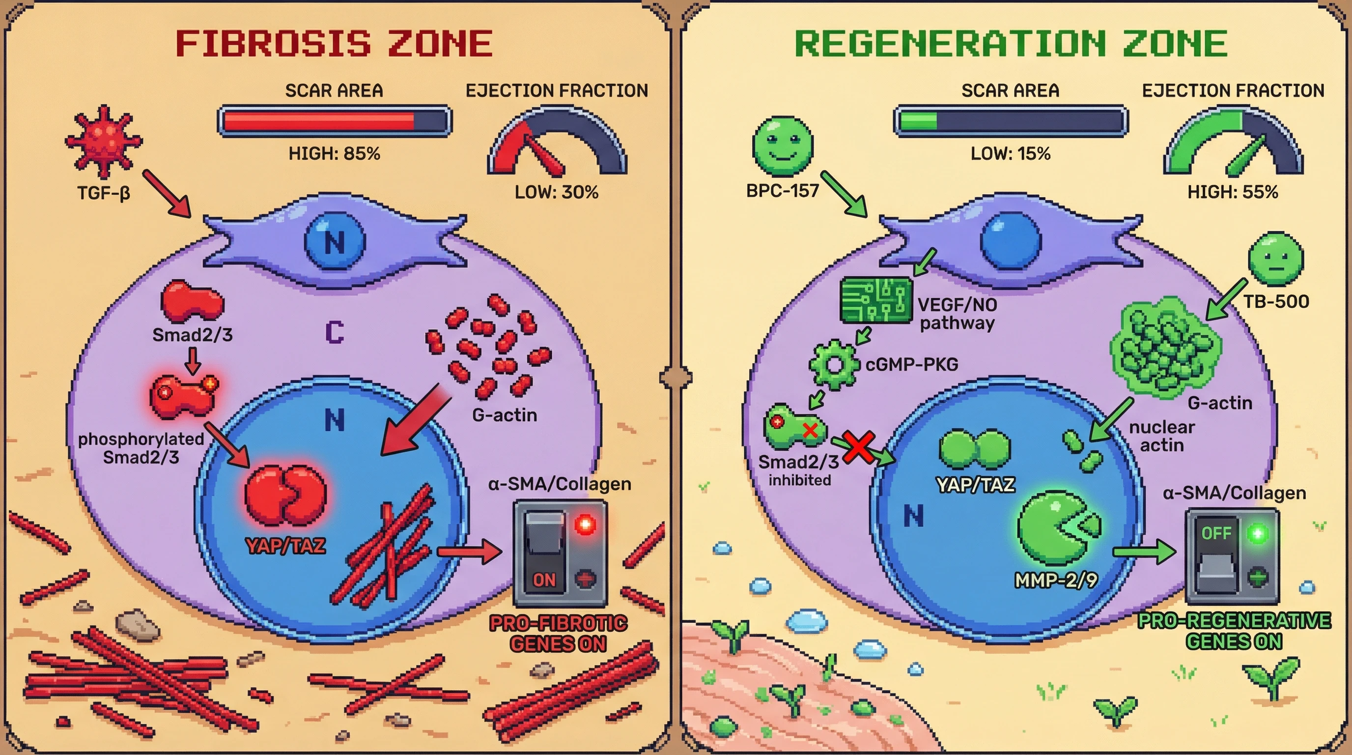 Mechanism: The BPC-157 and TB-500 peptide stack synergistically inhibits fibrosis by blocking TGF-β/Smad signaling and reducing nuclear actin-dependent YAP/TAZ activity, shifting fibroblasts to a regenerative phenotype. Readout: Readout: This leads to significantly reduced scar area and improved ejection fraction in a myocardial infarction model, alongside lower α-SMA and increased MMP-2/9 activity.