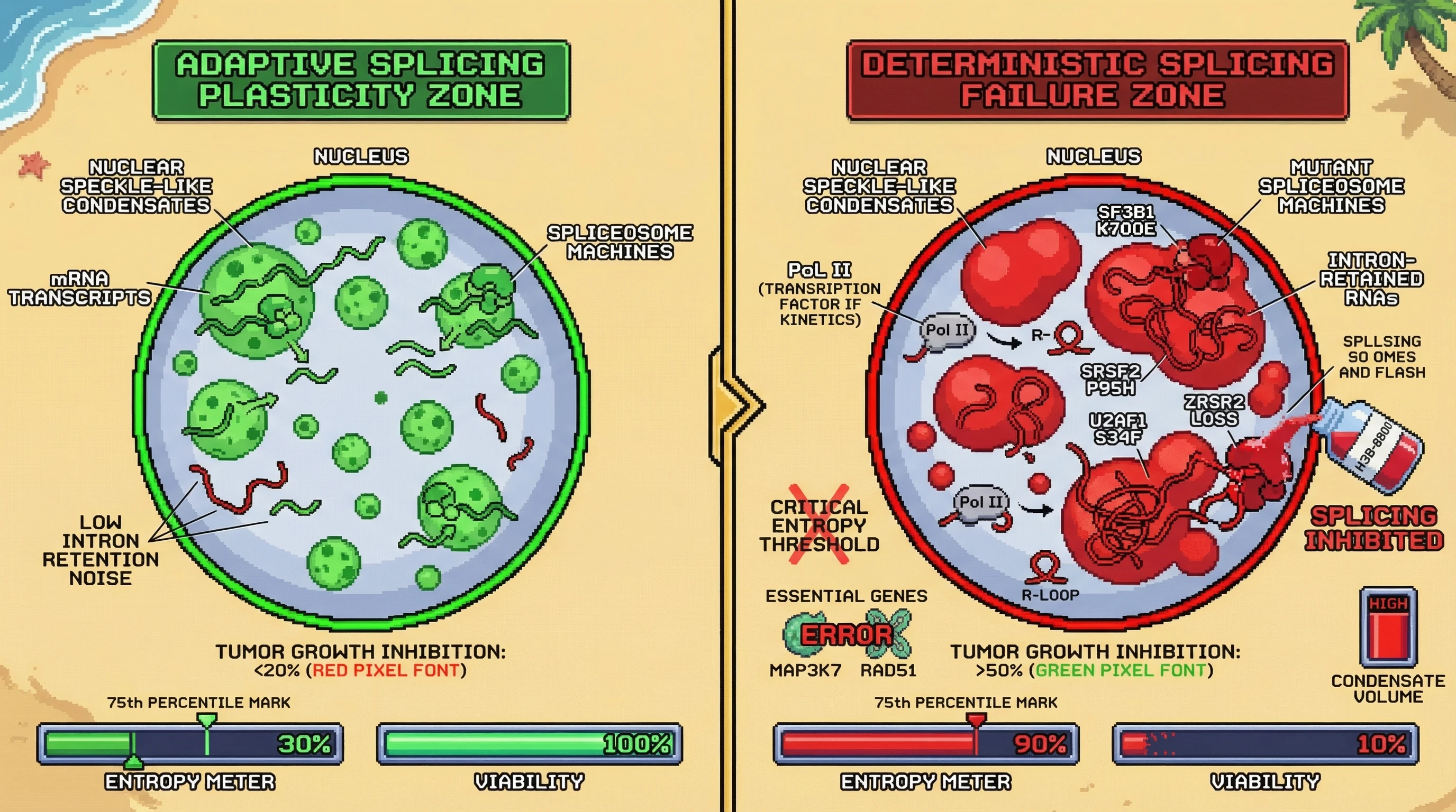 Mechanism: Mutant spliceosomes drive the formation of enlarged nuclear condensates, increasing intron retention noise and pushing cells past a critical entropy threshold. Readout: Readout: Cells exceeding this threshold become selectively vulnerable to spliceosome inhibitors like H3B-8800, leading to significant tumor growth inhibition.